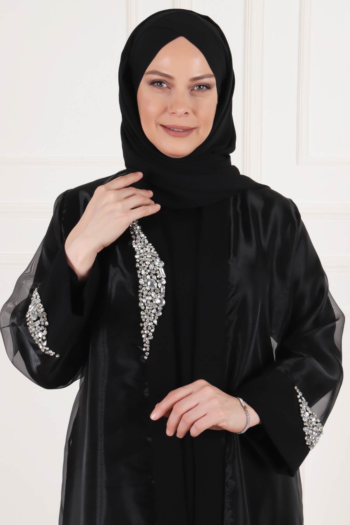 Büyük Beden Tesettür Krep Elbiseli Organze Ceketli Abiye Takım 50020 Siyah