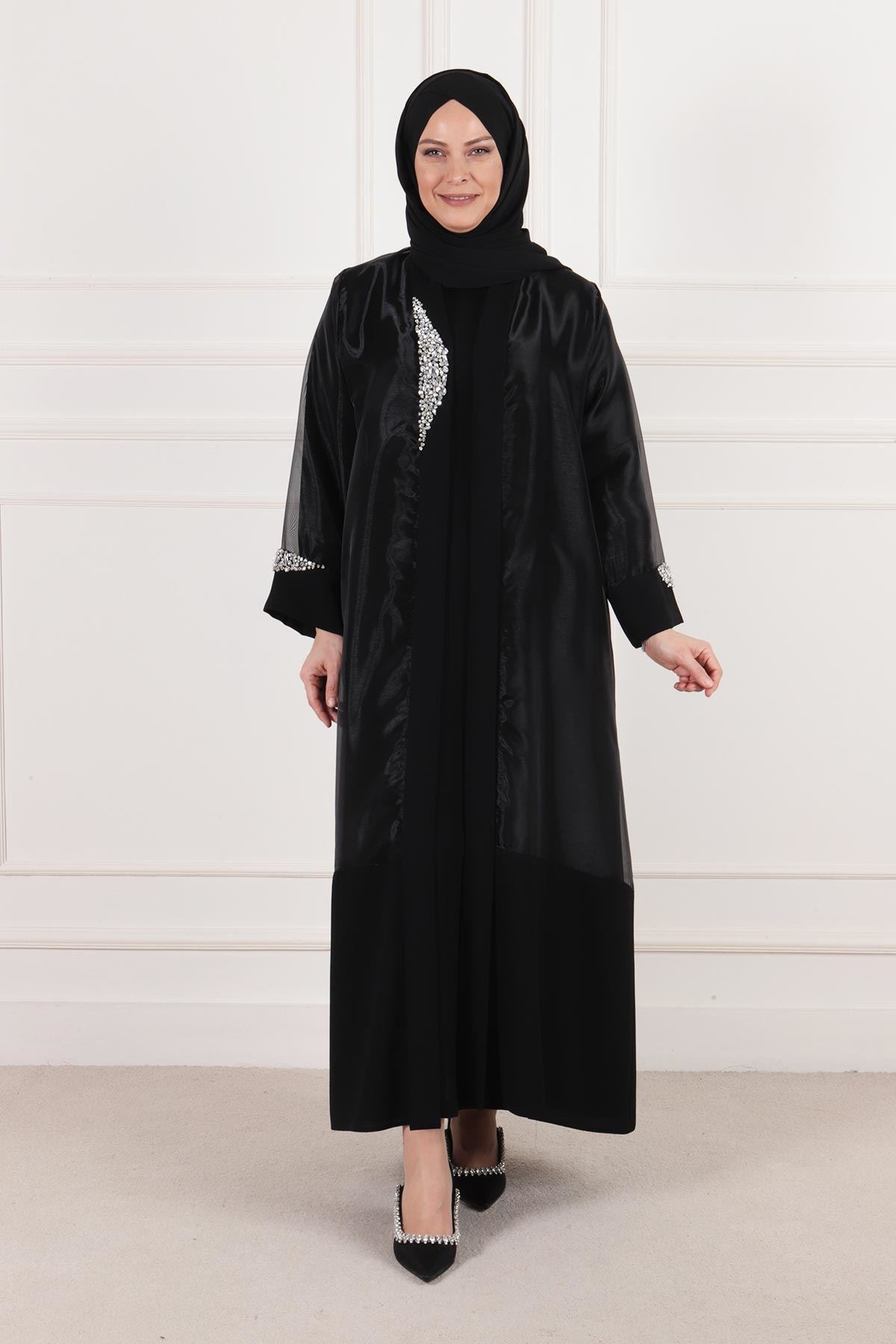 Büyük Beden Tesettür Krep Elbiseli Organze Ceketli Abiye Takım 50020 Siyah