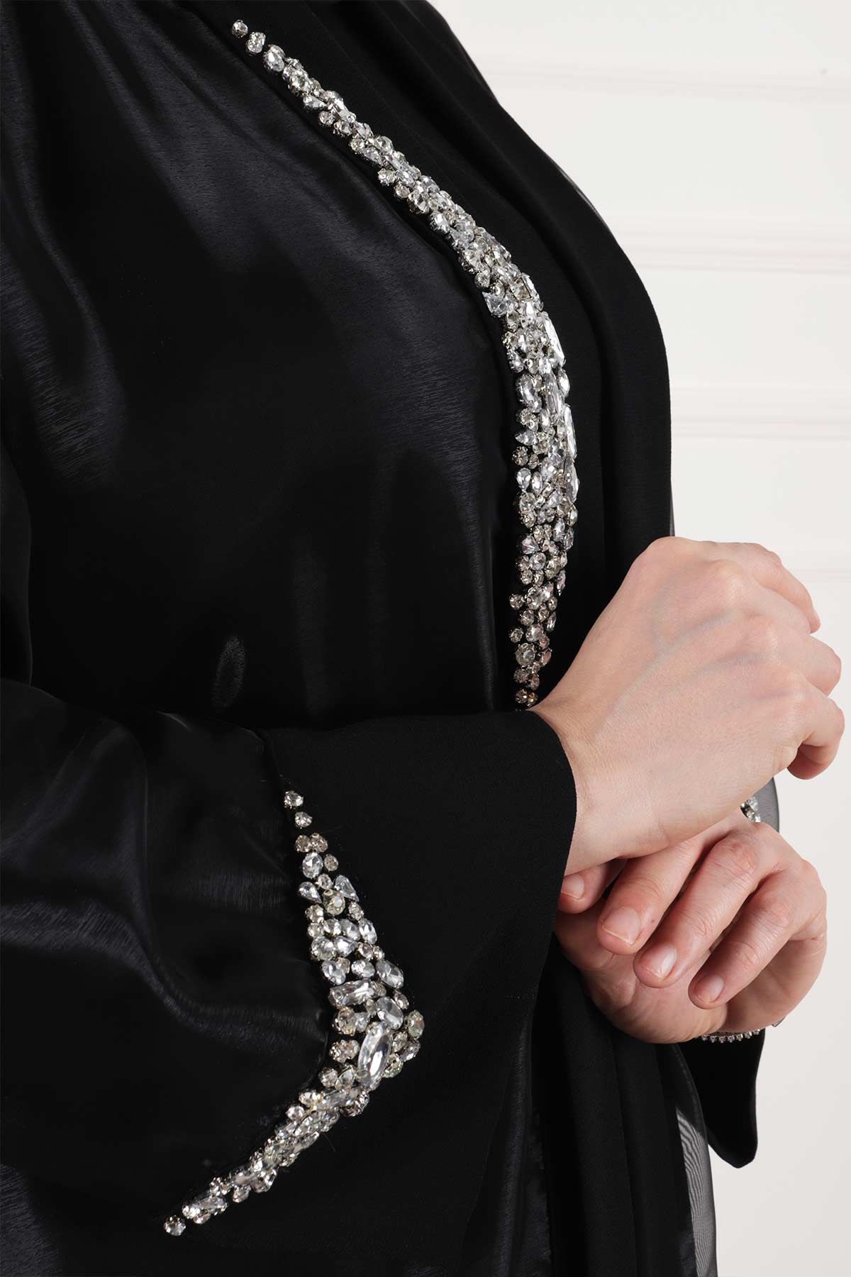 Büyük Beden Tesettür Krep Elbiseli Organze Ceketli Abiye Takım 50020 Siyah