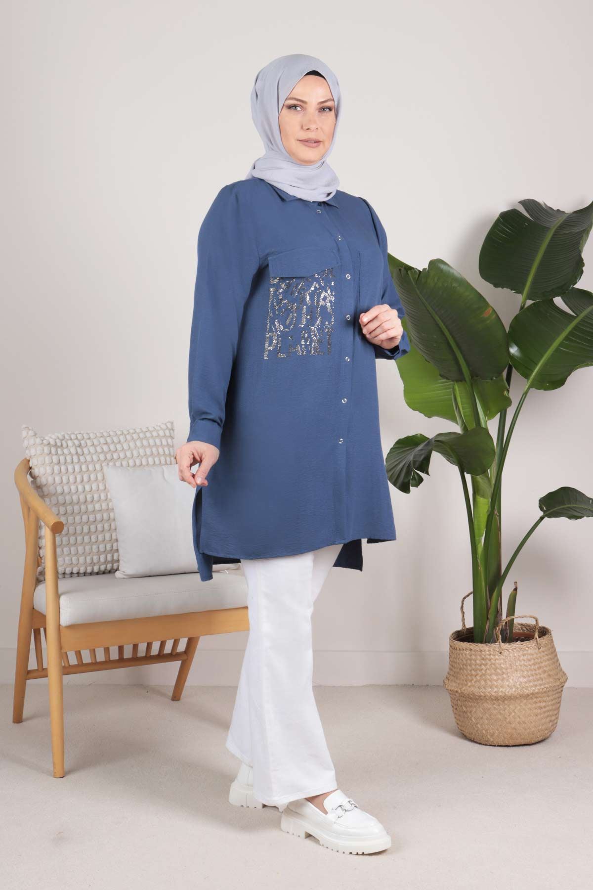 Büyük Beden Tesettür Çıtçıtlı Spor Tunik 2312 İndigo