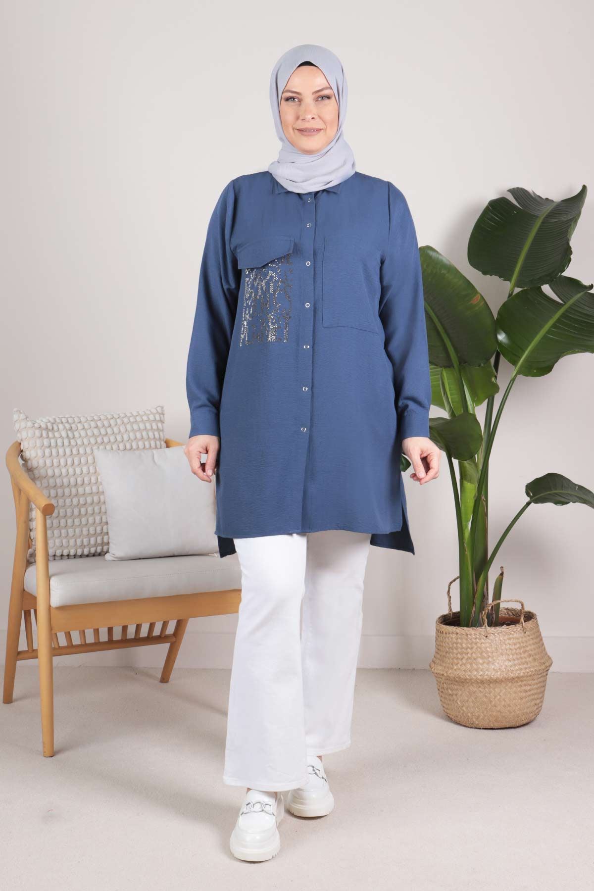 Büyük Beden Tesettür Çıtçıtlı Spor Tunik 2312 İndigo
