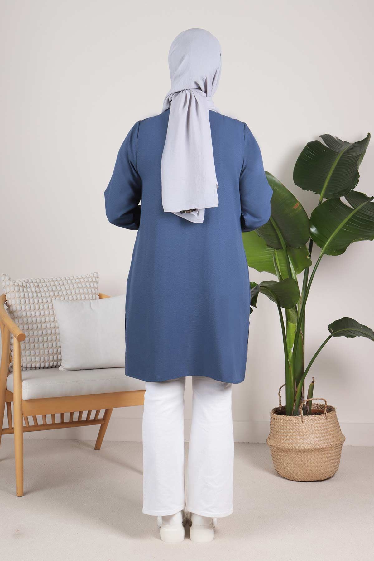 Büyük Beden Tesettür Çıtçıtlı Spor Tunik 2312 İndigo