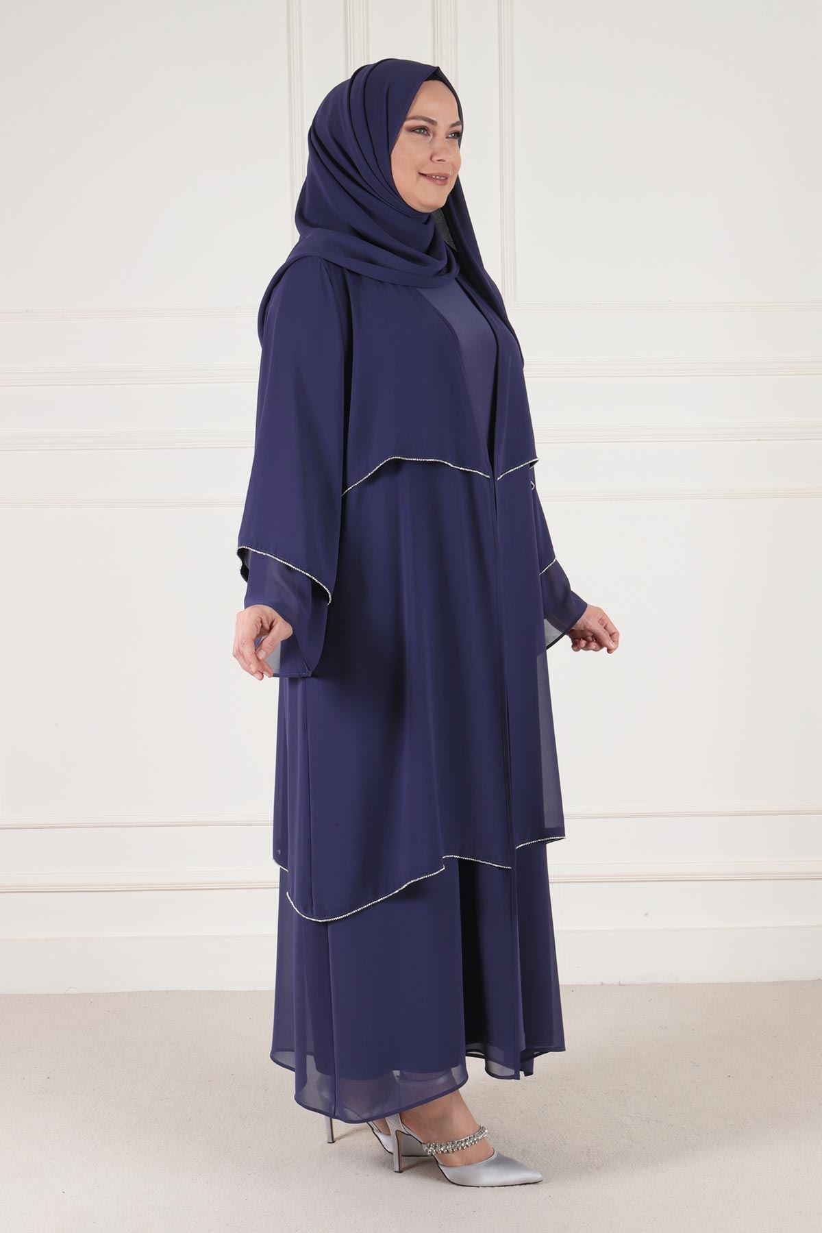 Büyük Beden Tesettür Double Şifonlu Taşlı Abaya 65003 Morcivert
