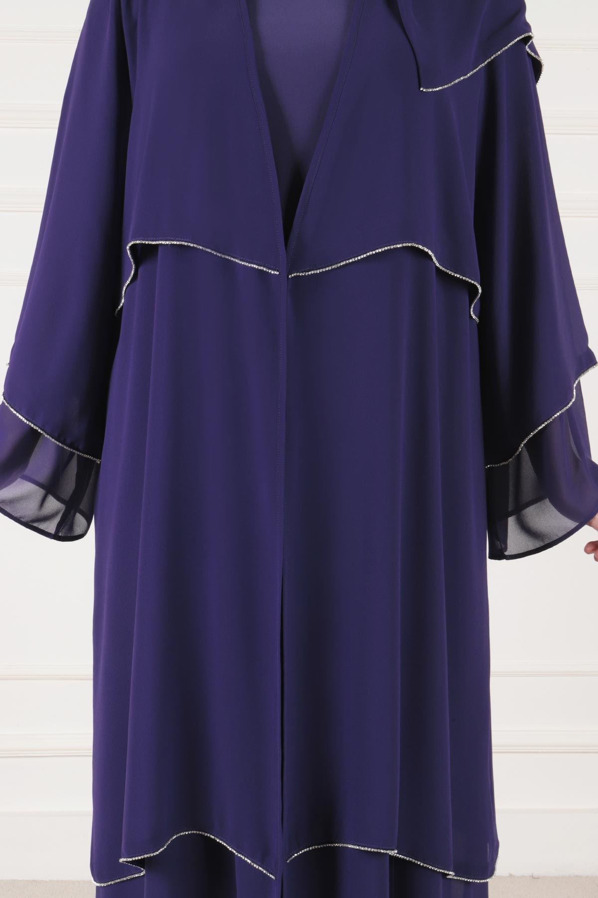 Büyük Beden Tesettür Double Şifonlu Taşlı Abaya 65003 Morcivert