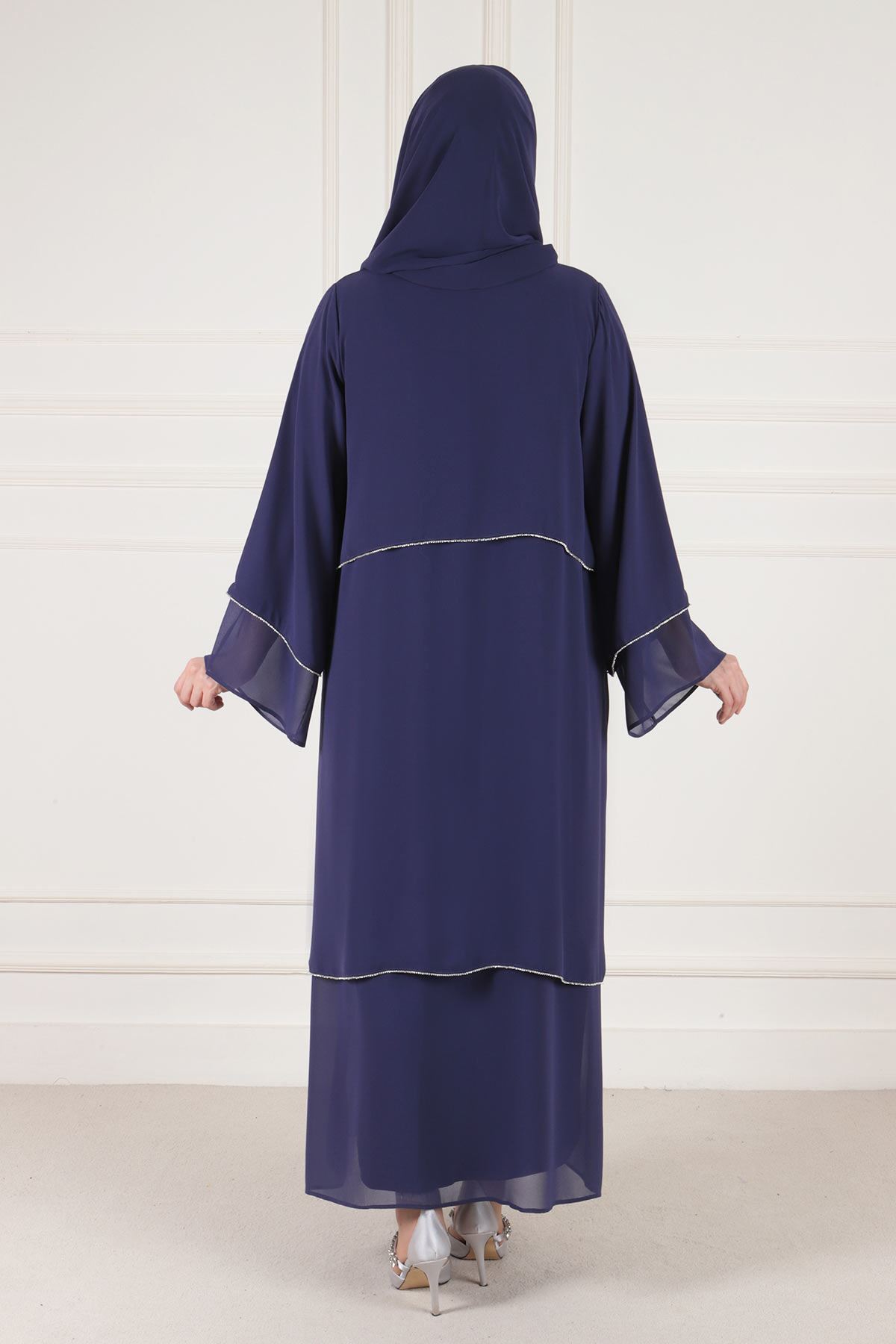 Büyük Beden Tesettür Double Şifonlu Taşlı Abaya 65003 Morcivert