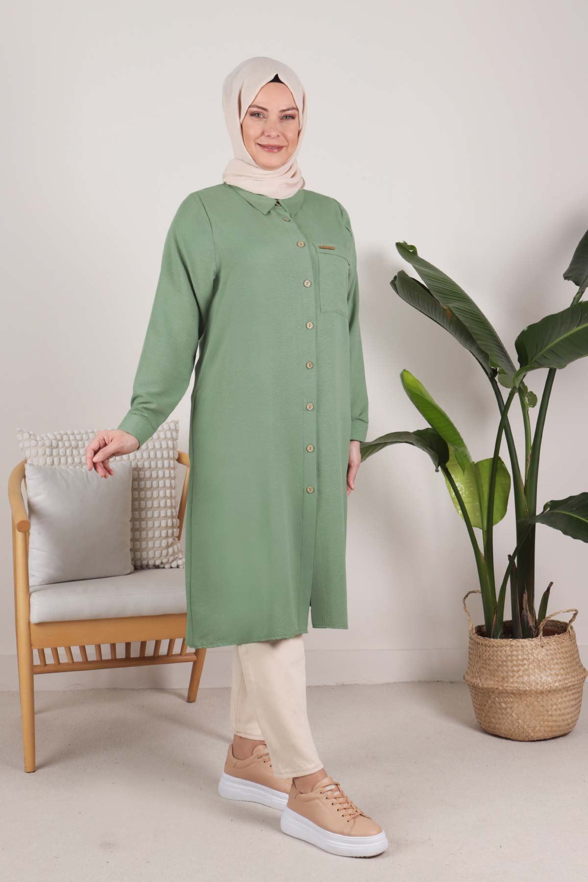 Büyük Beden Tesettür Dokuma Basic Tunik 2314 Çağla Yeşili