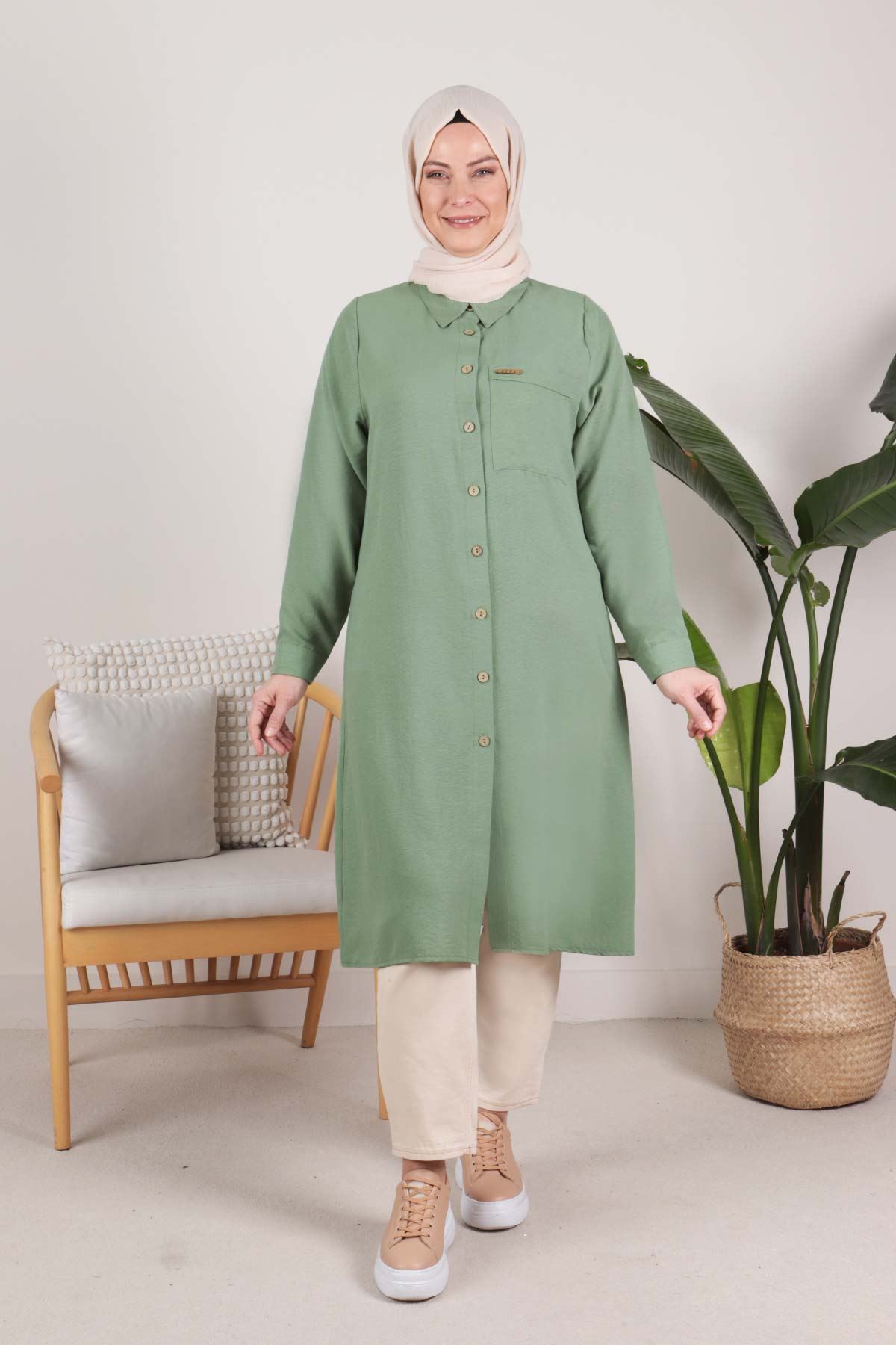 Büyük Beden Tesettür Dokuma Basic Tunik 2314 Çağla Yeşili