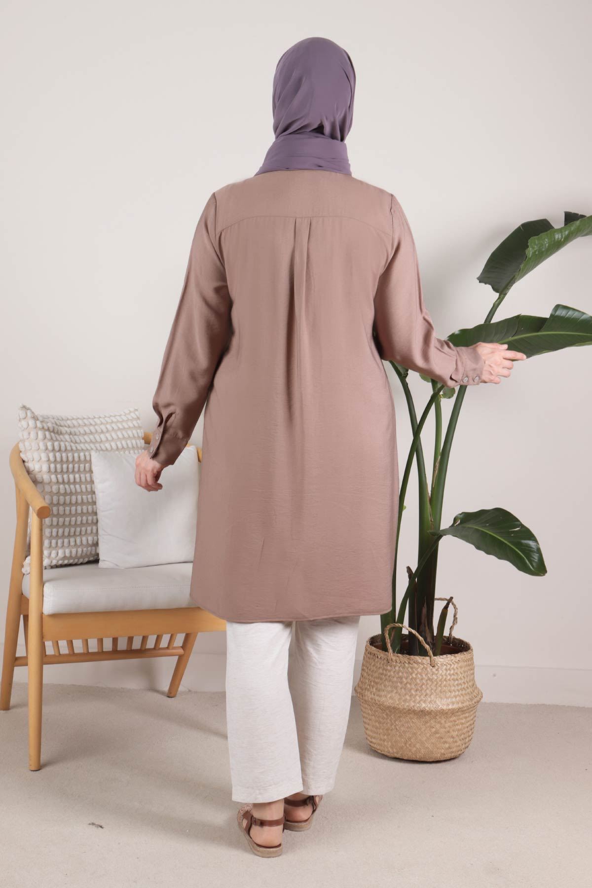 Büyük Beden Tesettür Taş İşlemeli Dokuma Viskon Tunik 23019 Vizon