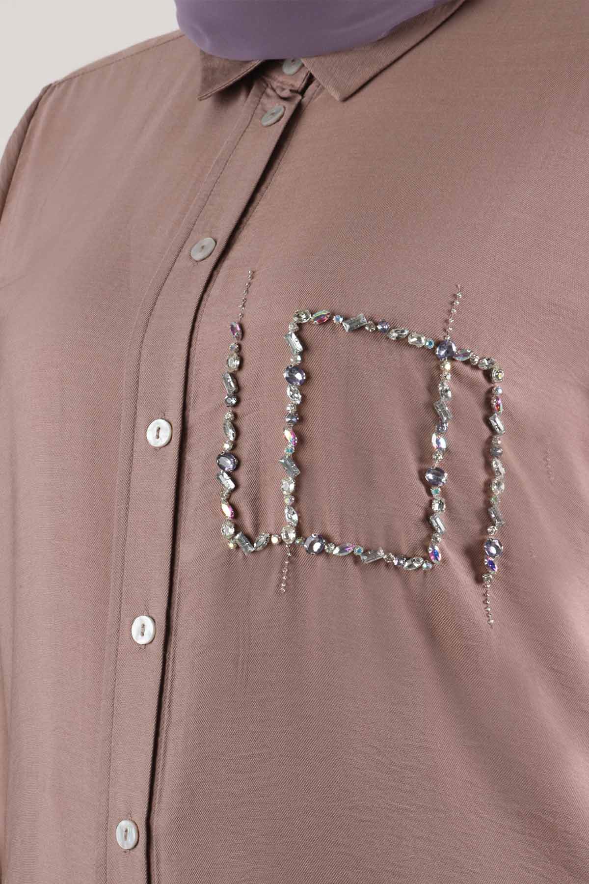 Büyük Beden Tesettür Taş İşlemeli Dokuma Viskon Tunik 23019 Vizon