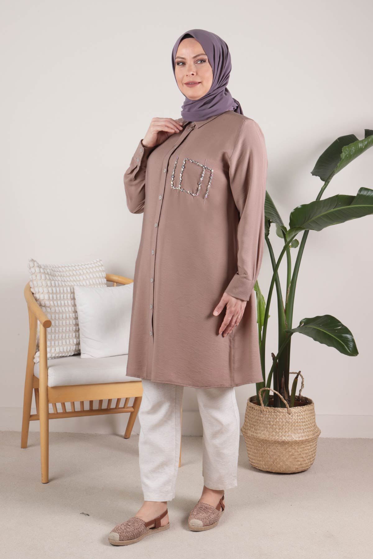 Büyük Beden Tesettür Taş İşlemeli Dokuma Viskon Tunik 23019 Vizon