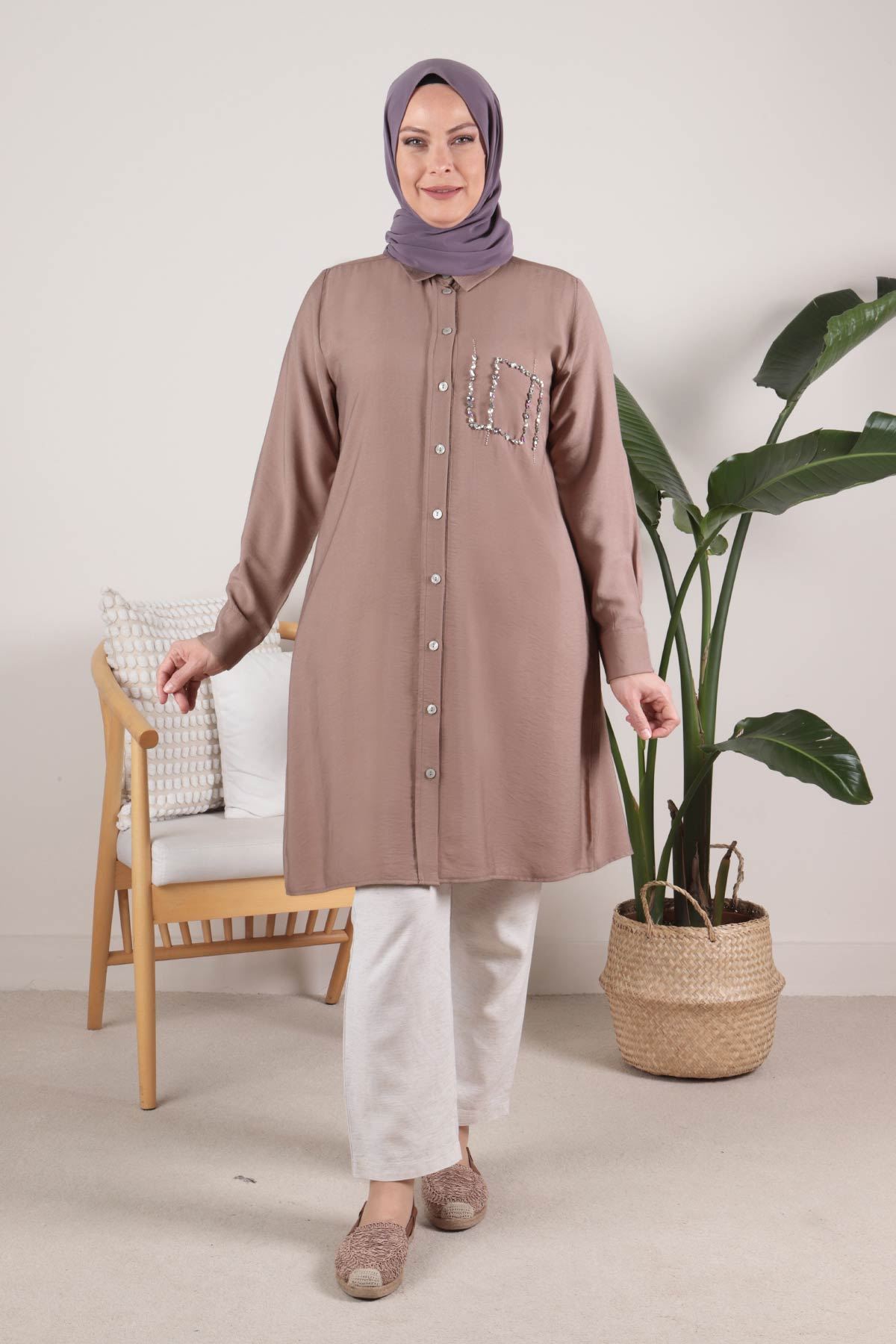 Büyük Beden Tesettür Taş İşlemeli Dokuma Viskon Tunik 23019 Vizon