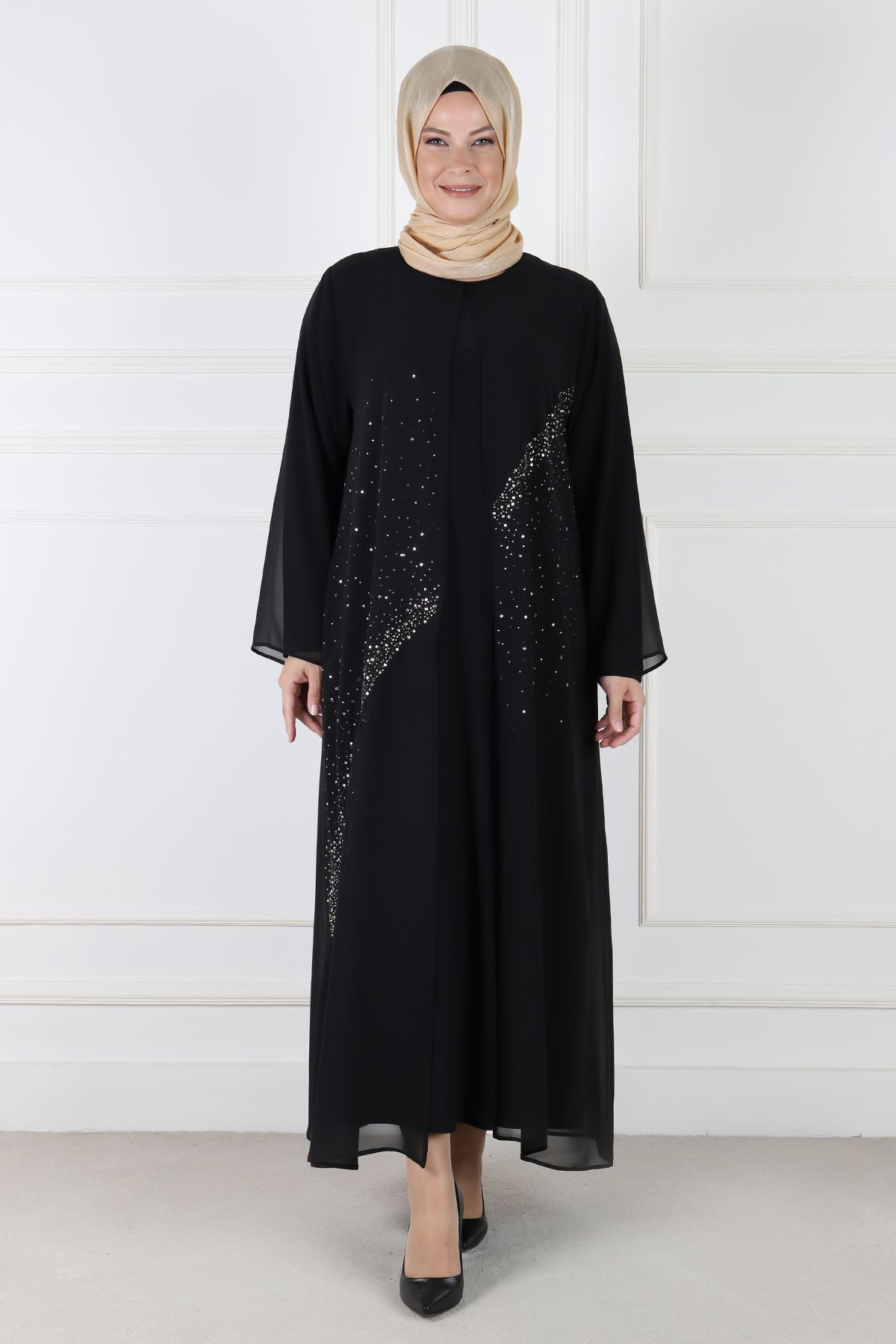 Büyük Beden Tesettür Abaya Takım 50019 Siyah
