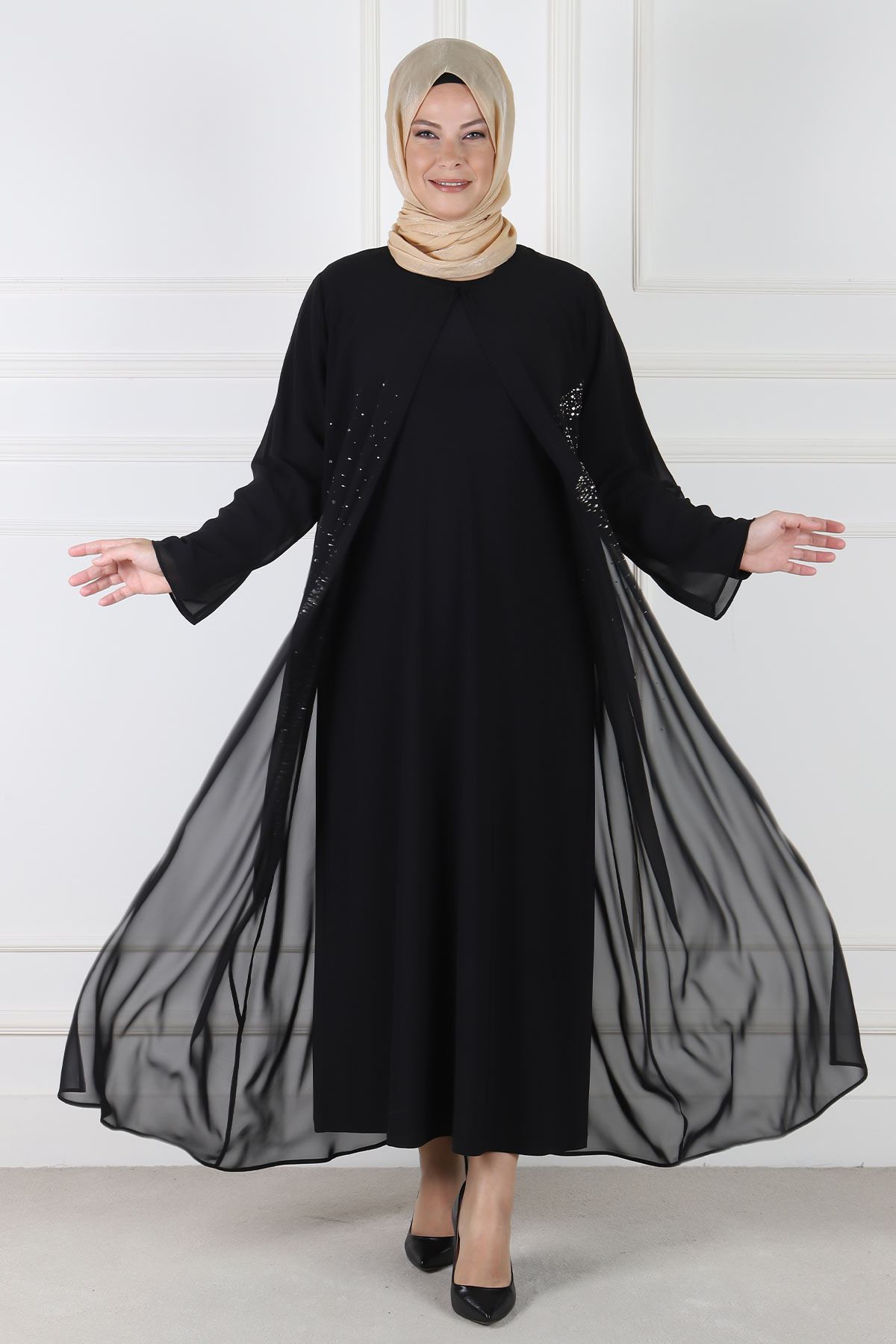 Büyük Beden Tesettür Abaya Takım 50019 Siyah