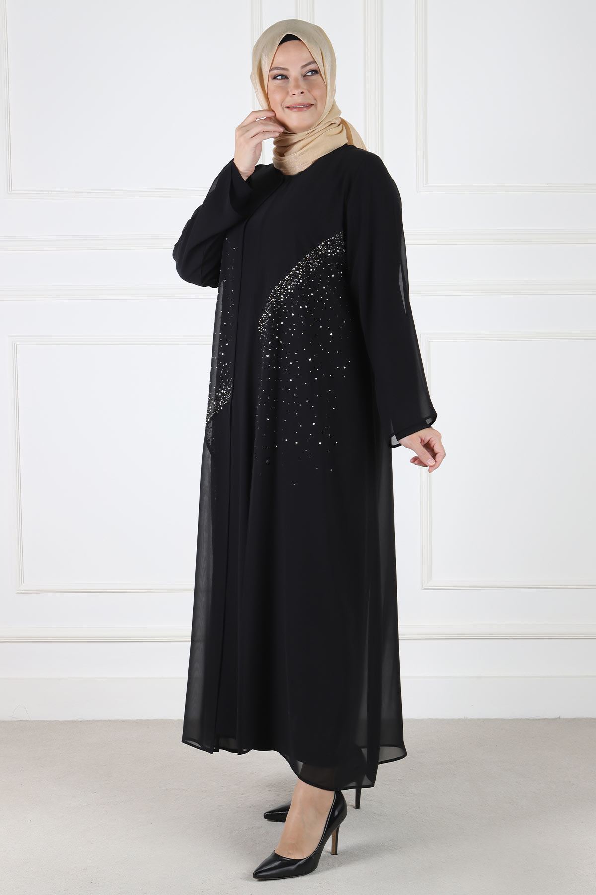 Büyük Beden Tesettür Abaya Takım 50019 Siyah
