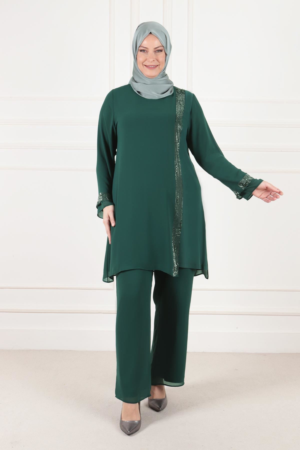 Büyük Beden Tesettür Sandy Taşlı Pantolonlu Takım 60014 Zümrüt