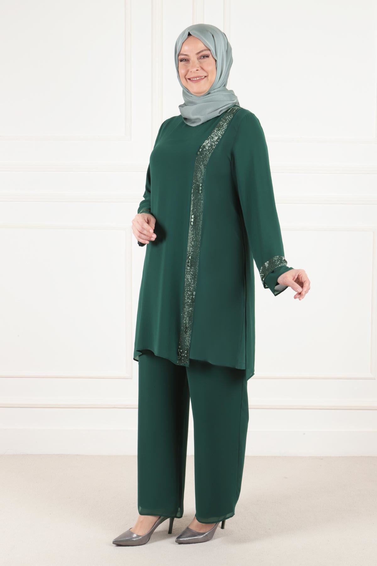 Büyük Beden Tesettür Sandy Taşlı Pantolonlu Takım 60014 Zümrüt