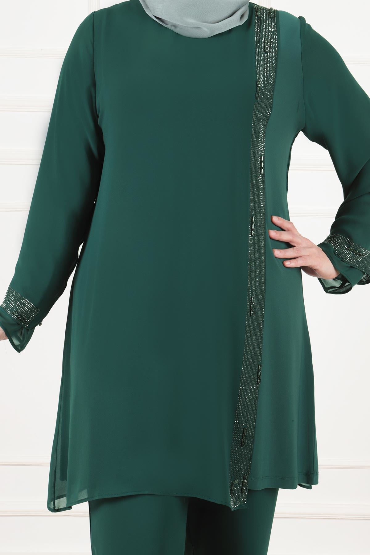 Büyük Beden Tesettür Sandy Taşlı Pantolonlu Takım 60014 Zümrüt