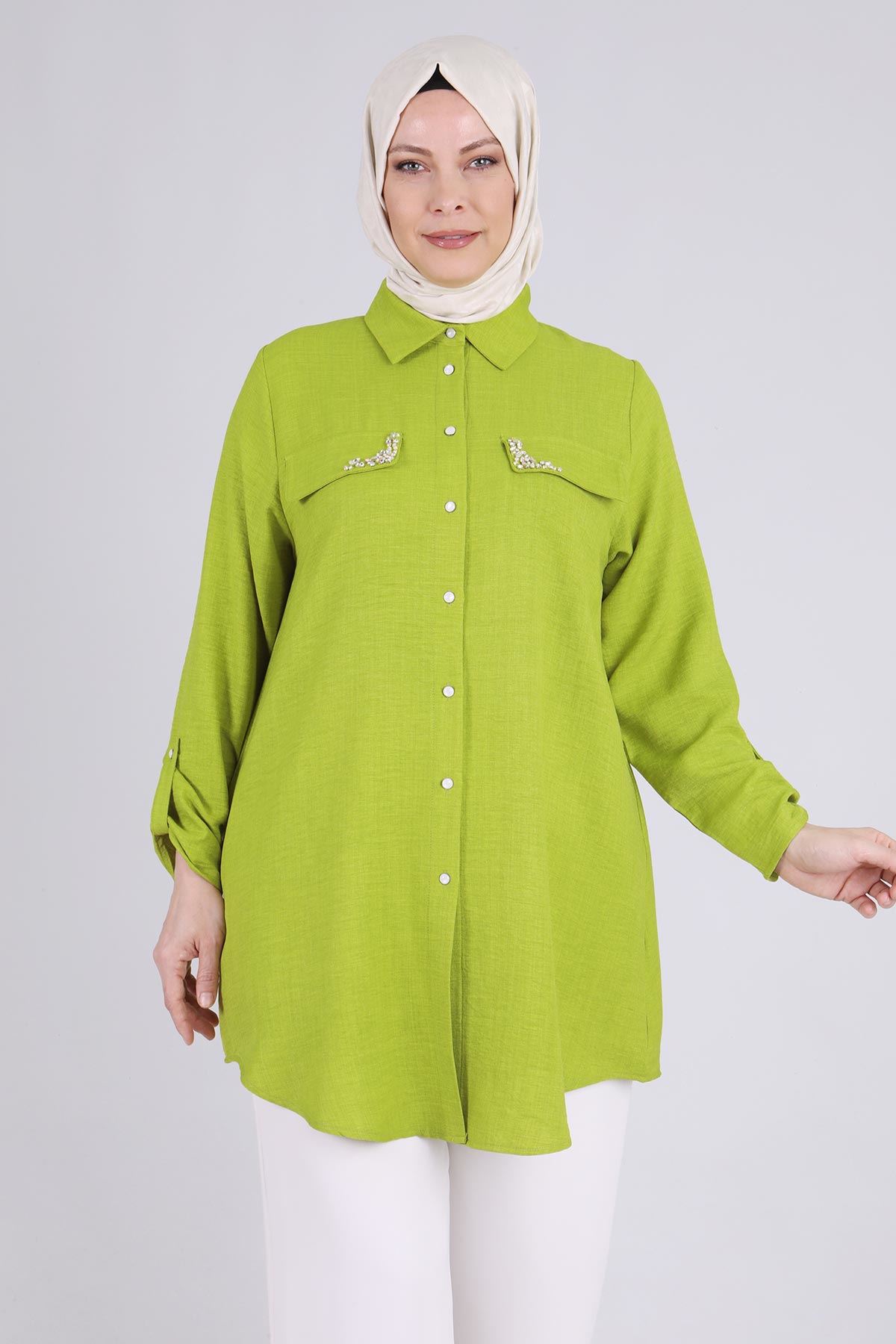 Büyük Beden Tesettür Taş Cepli Tunik 2334 Olive