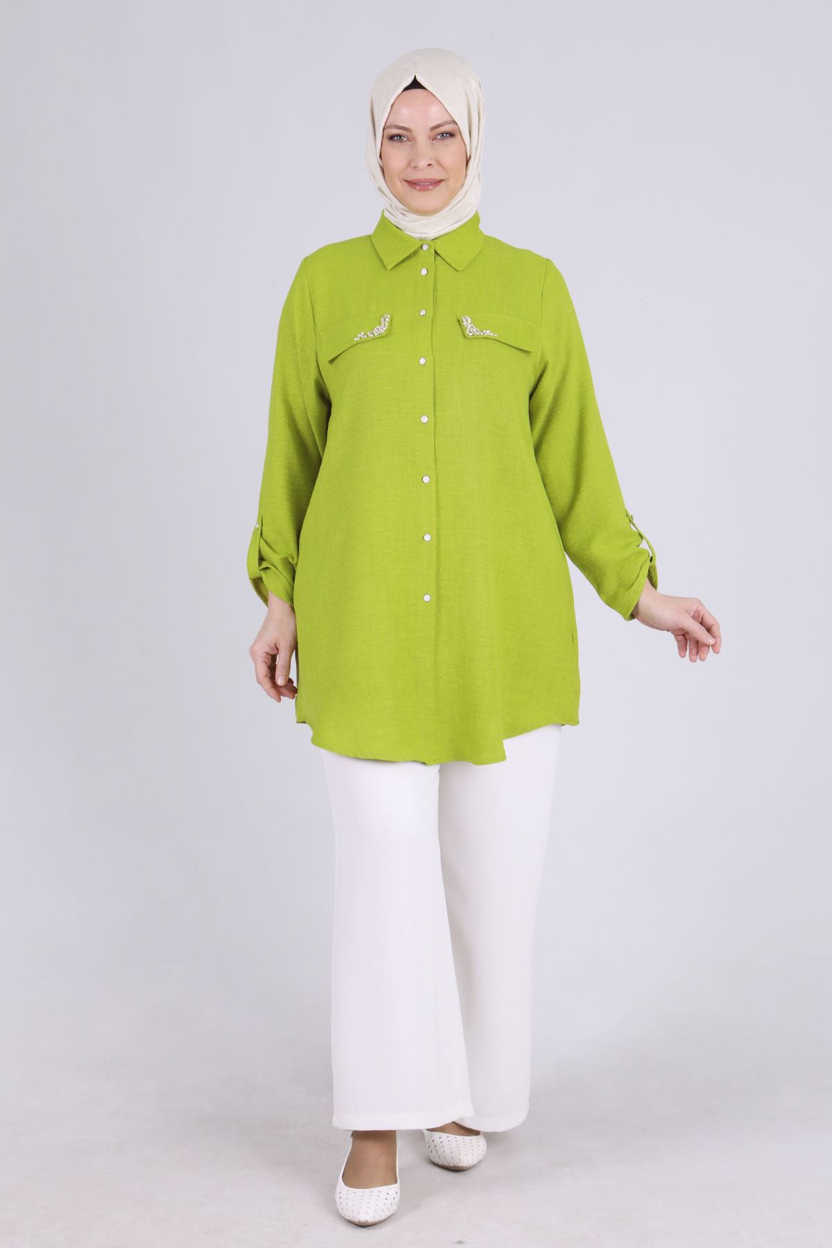 Büyük Beden Tesettür Taş Cepli Tunik 2334 Olive