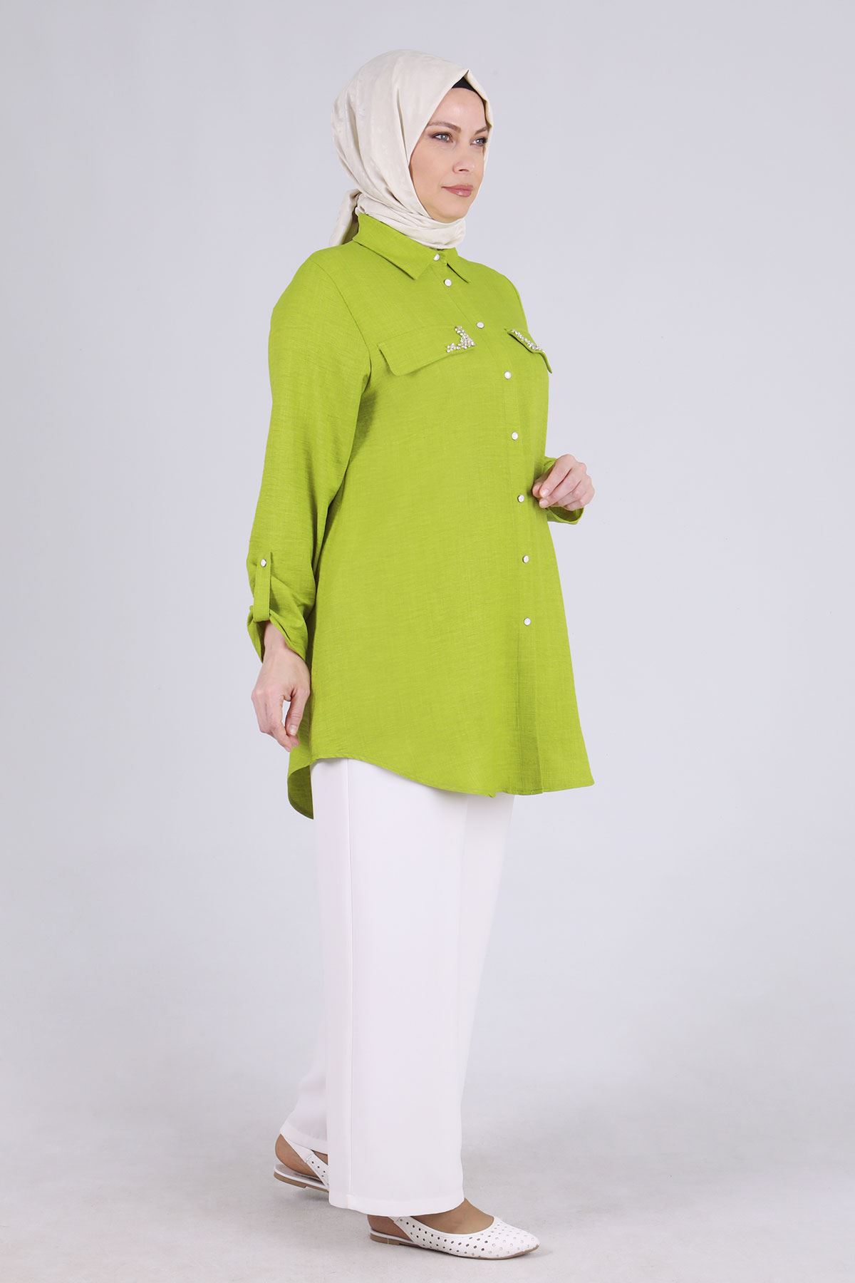 Büyük Beden Tesettür Taş Cepli Tunik 2334 Olive