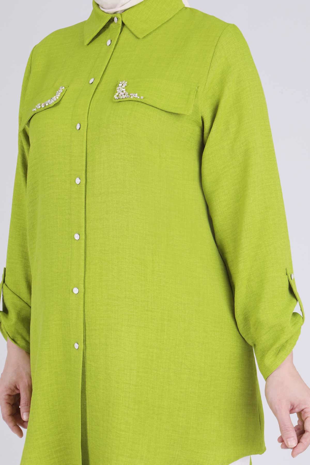 Büyük Beden Tesettür Taş Cepli Tunik 2334 Olive