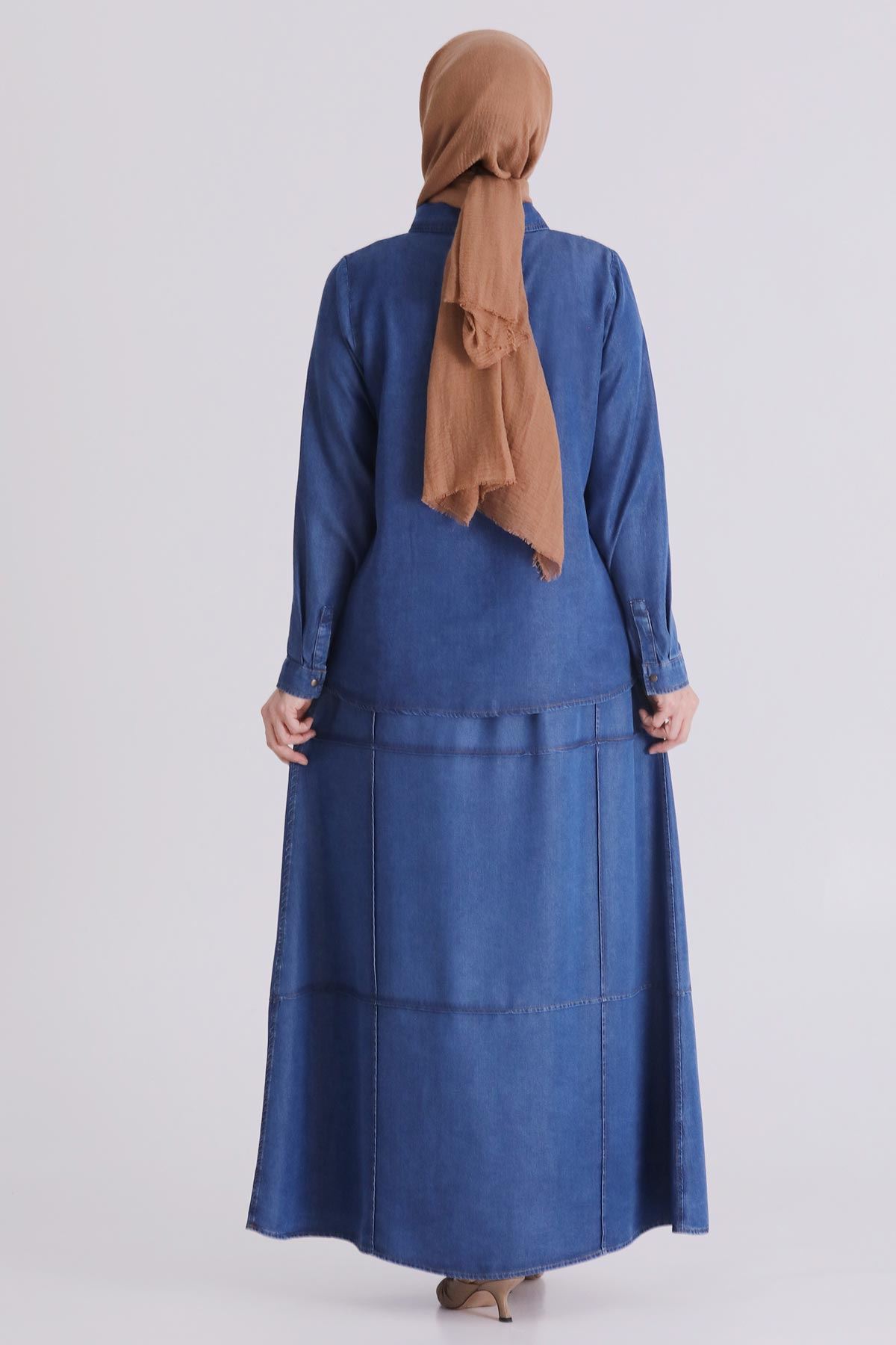 Büyük Beden Tesettür Etekli Tensel Kot Takım 38001 Koyu Mavi