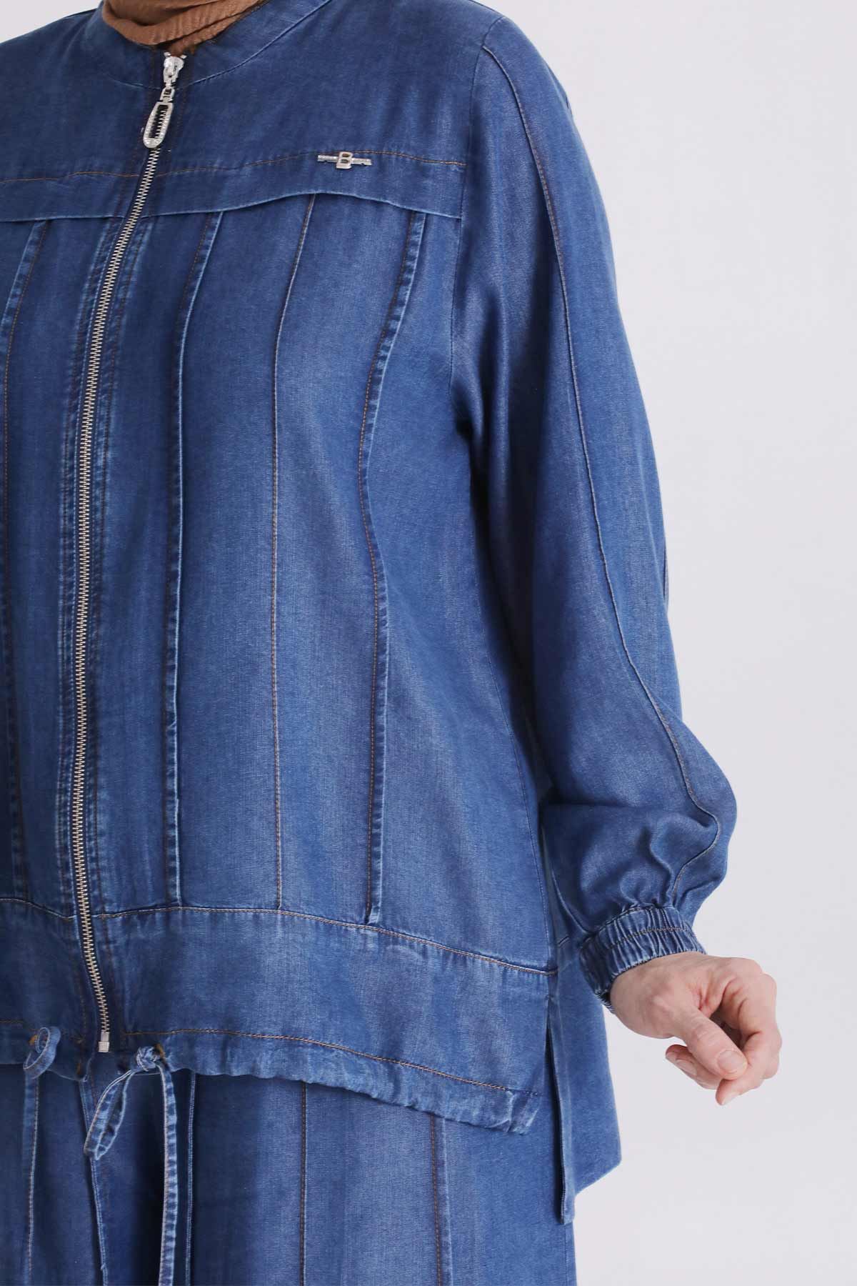 Büyük Beden Tesettür Pantolonlu Tensel Kot Takım 35141 Koyu Mavi