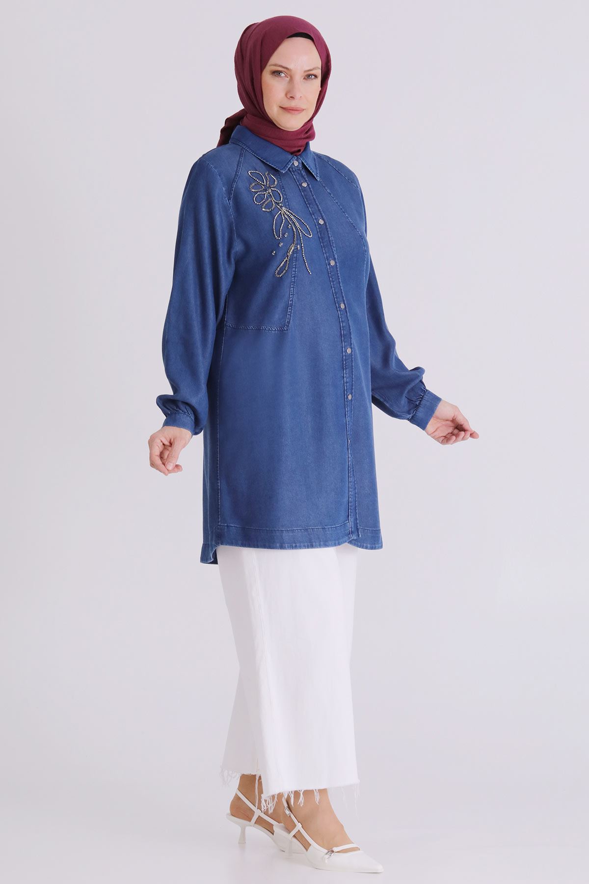 Büyük Beden Tesettür Tensel Kot Tunik 23034 Koyu Mavi