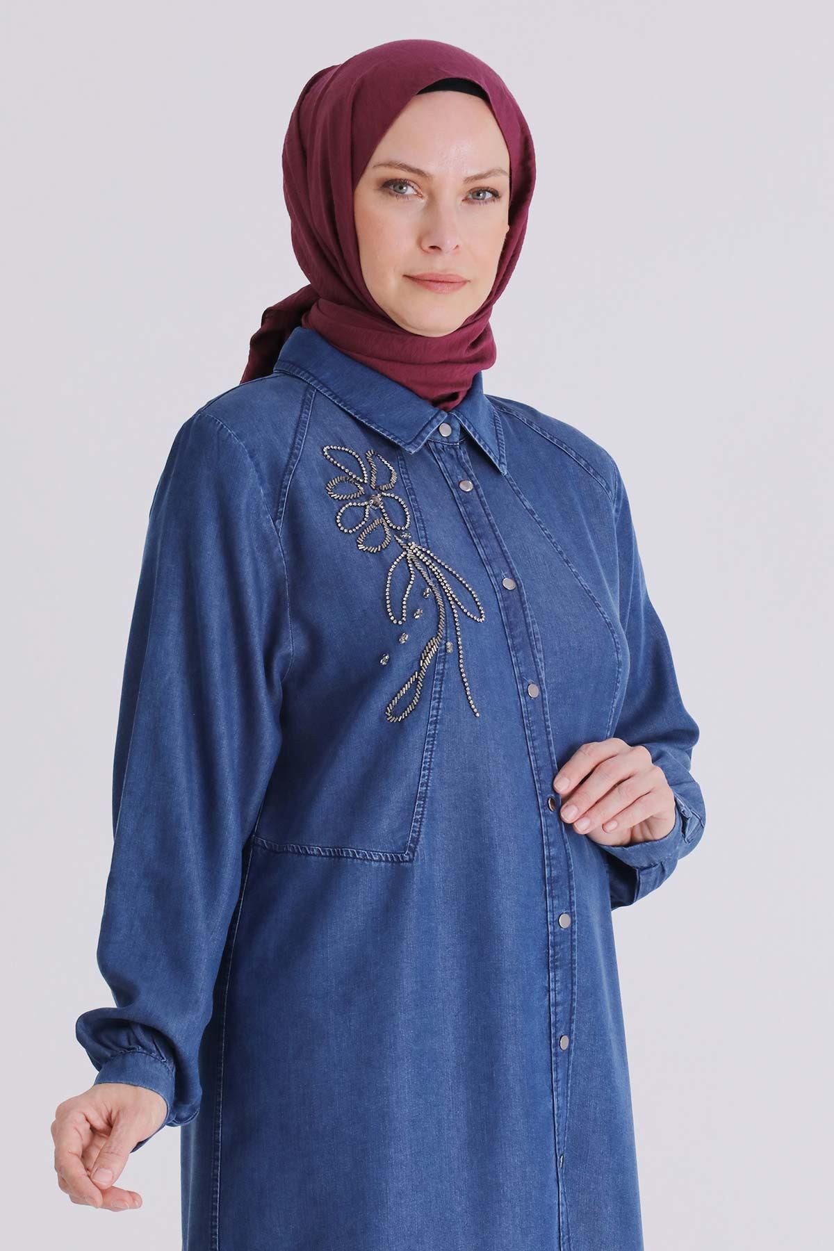 Büyük Beden Tesettür Tensel Kot Tunik 23034 Koyu Mavi
