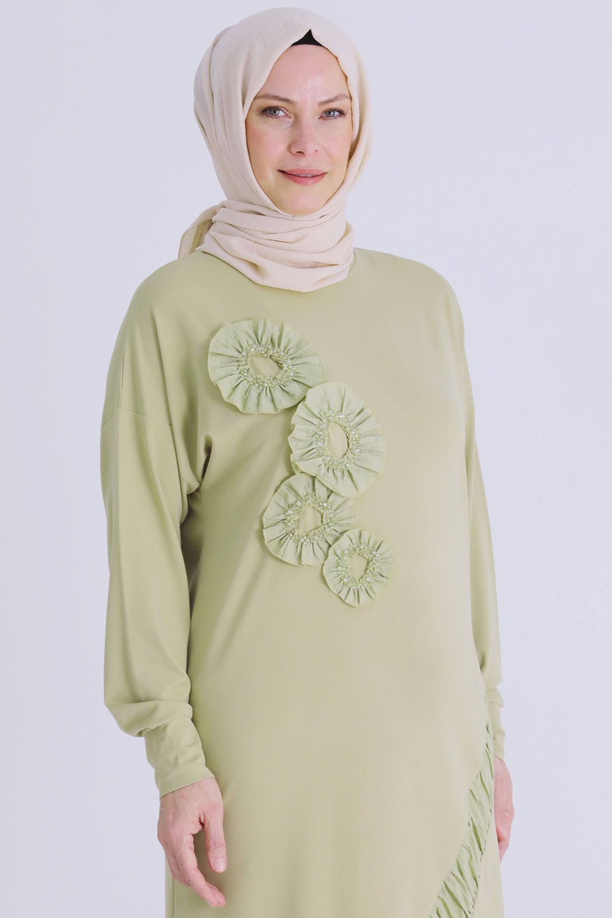 Büyük Beden Tesettür İşlemeli Tunik 20133 Ihlamur