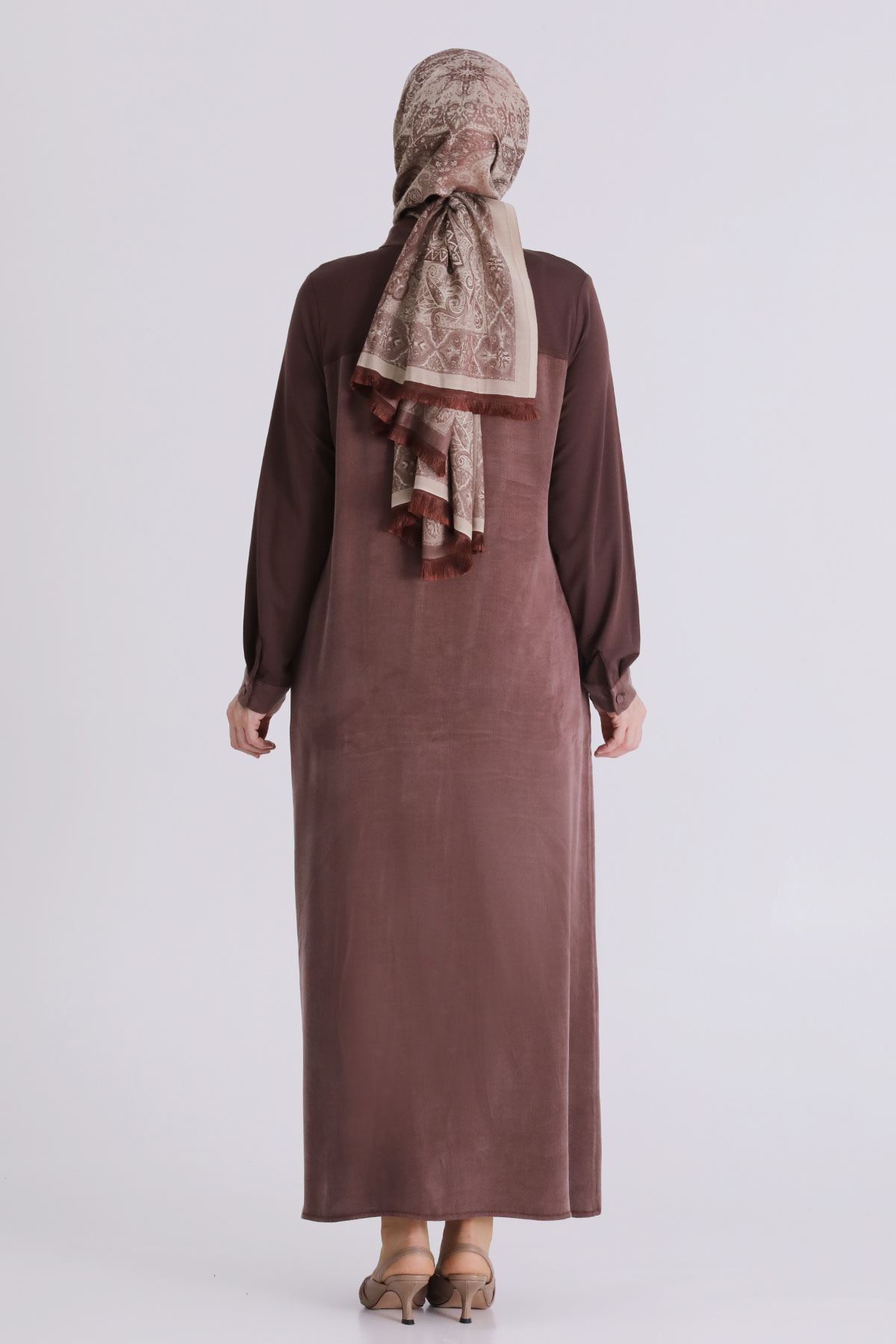 Büyük Beden Tesettür Taşlı Ferace 28080 Kahve