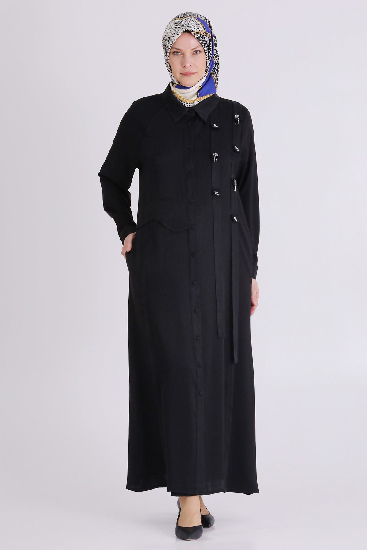 Büyük Beden Tesettür Taşlı Ferace 28080 Siyah