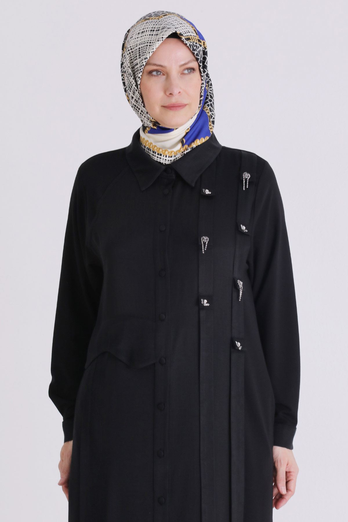 Büyük Beden Tesettür Taşlı Ferace 28080 Siyah