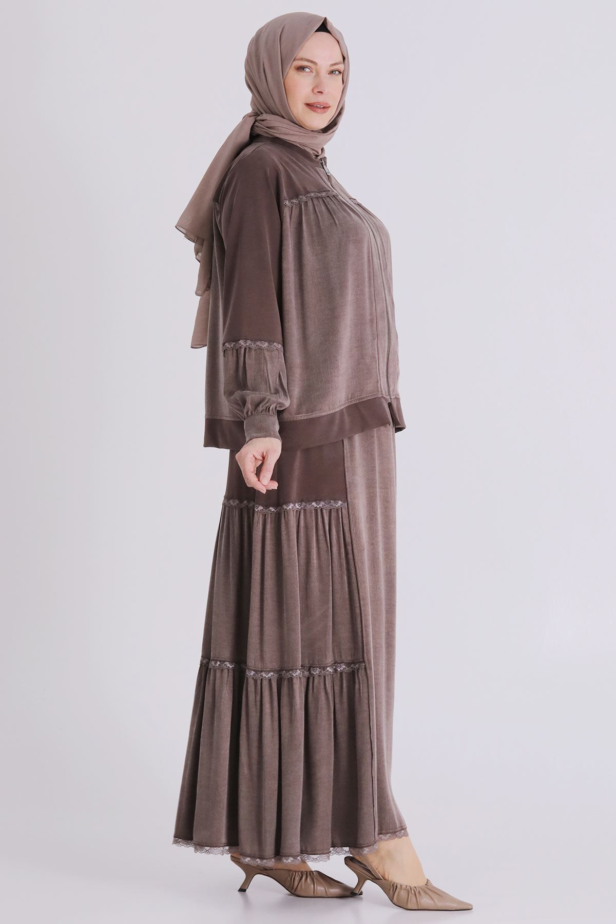Büyük Beden Tesettür Etekli Takım 38002 Kahve