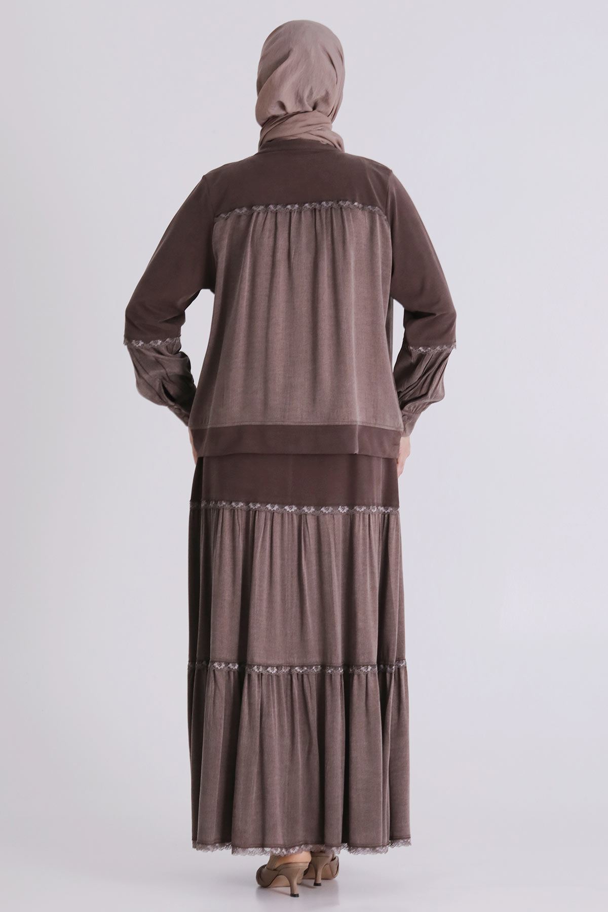 Büyük Beden Tesettür Etekli Takım 38002 Kahve