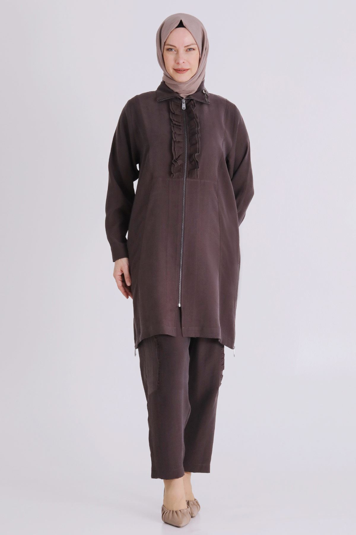 Büyük Beden Tesettür Pantolonlu Takım 35146 Kakao