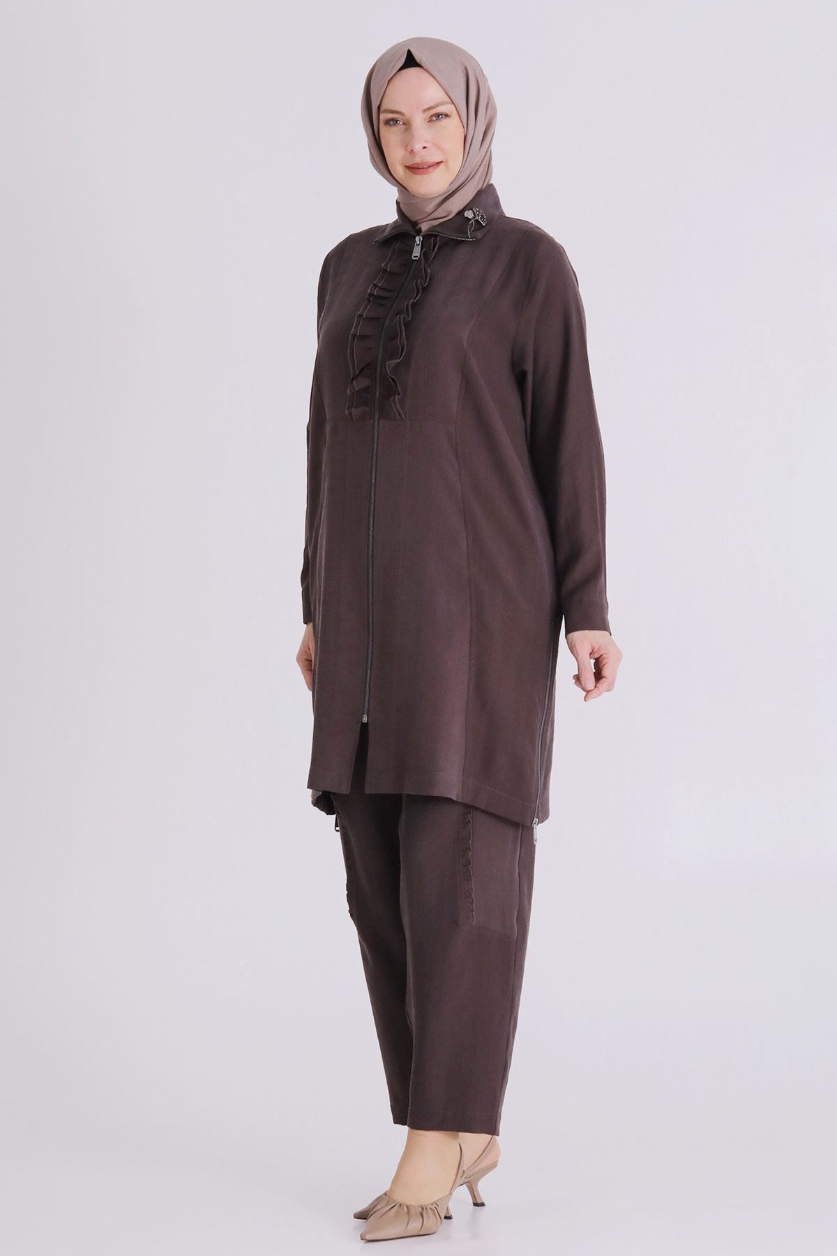 Büyük Beden Tesettür Pantolonlu Takım 35146 Kakao