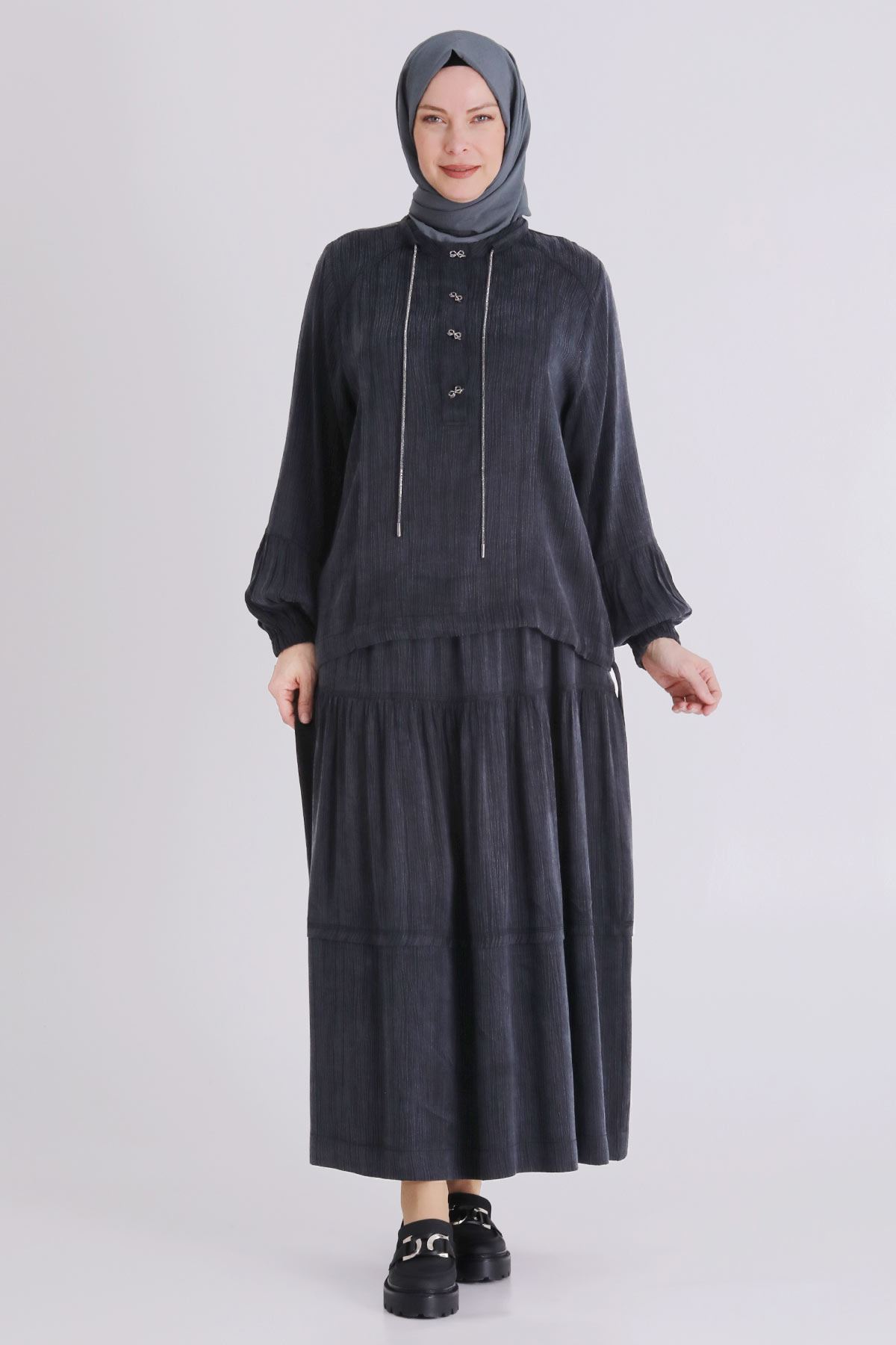 Büyük Beden Tesettür Etekli Takım 38003 Siyah