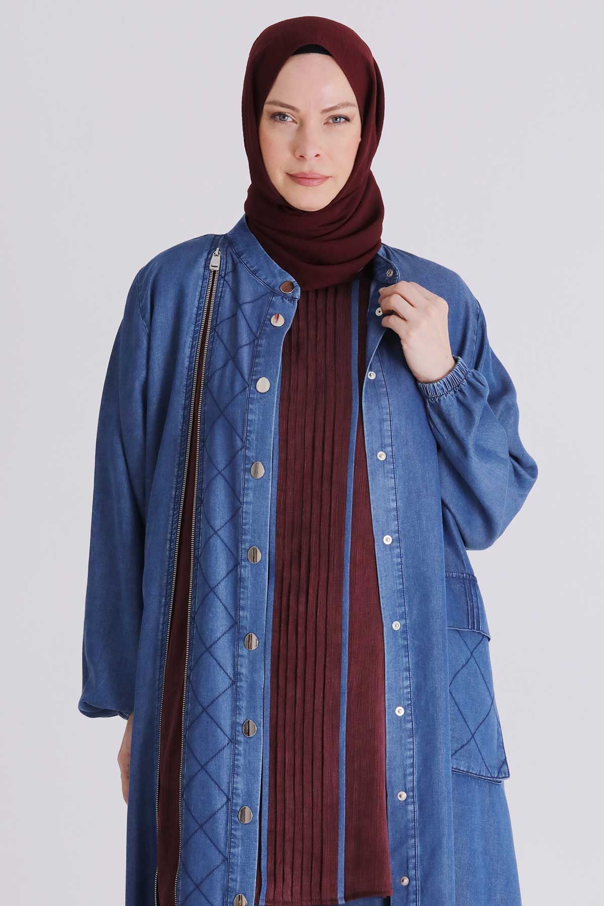 Büyük Beden Tesettür Pantolonlu Üçlü Tensel Takım 70020 Koyu Mavi