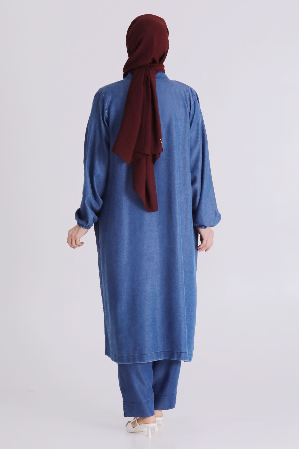 Büyük Beden Tesettür Pantolonlu Üçlü Tensel Takım 70020 Koyu Mavi