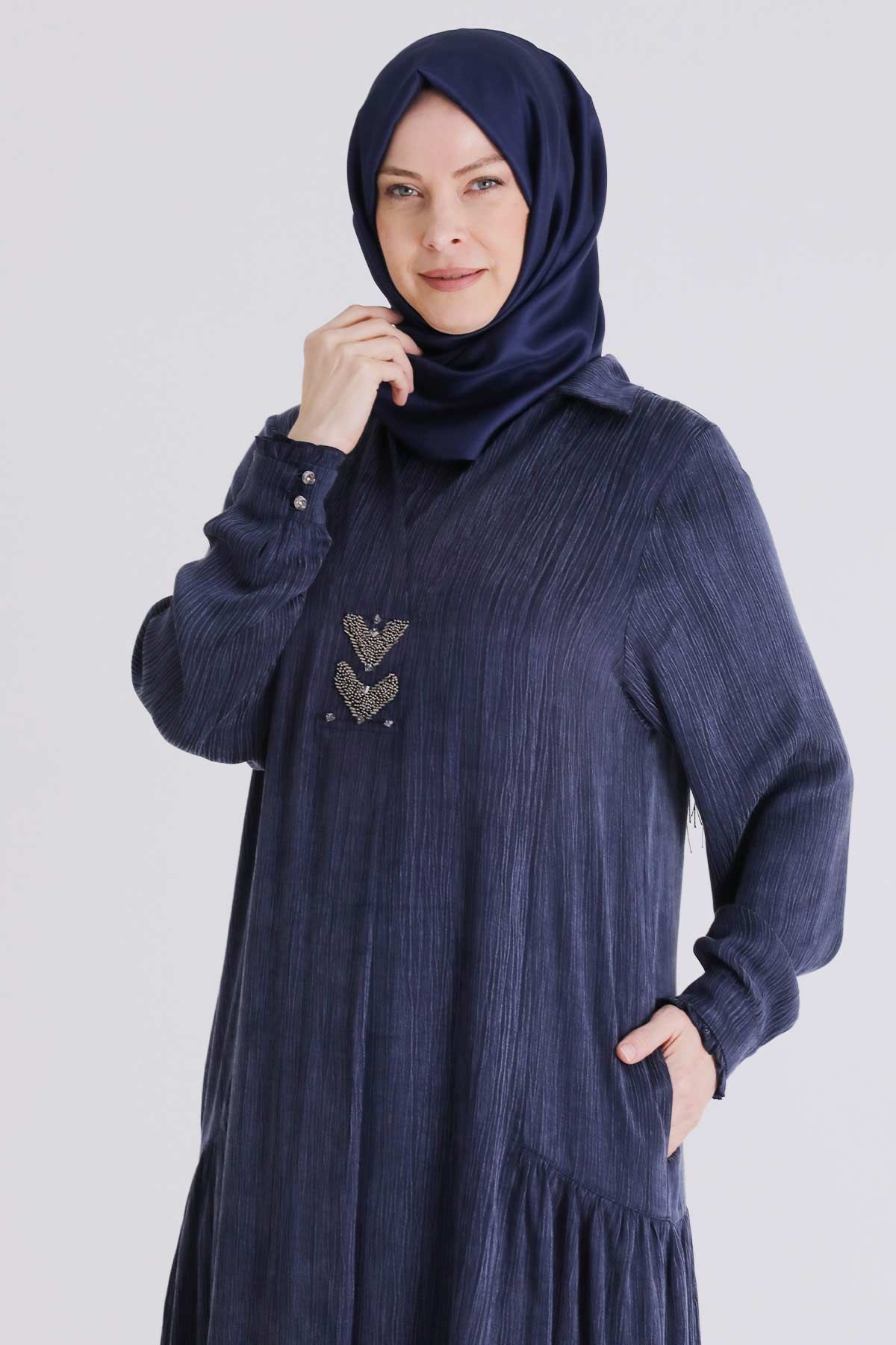 Büyük Beden Tesettür Elbise 75009 Lacivert