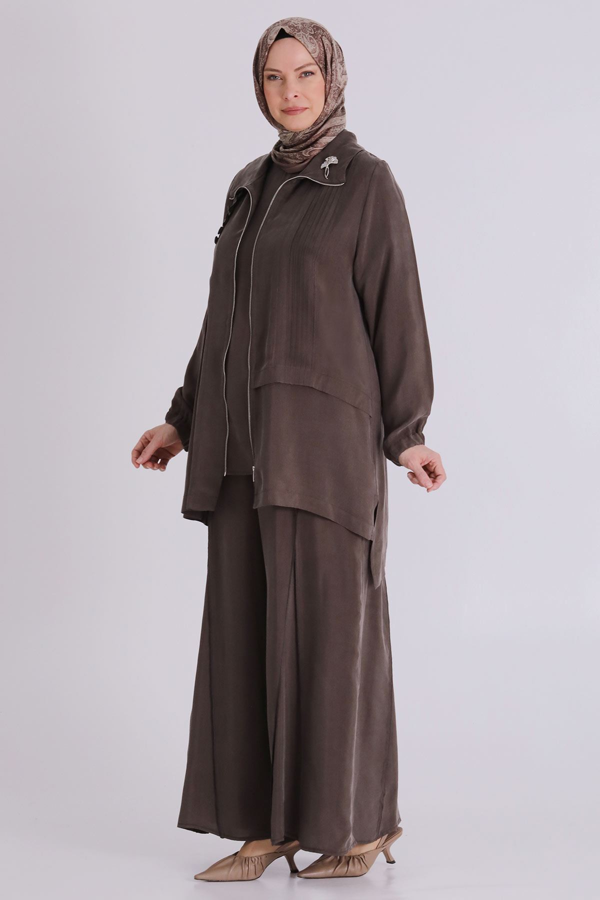 Büyük Beden Tesettür Cupro Üçlü Pantolonlu Takım 70021 Koyu Vizon