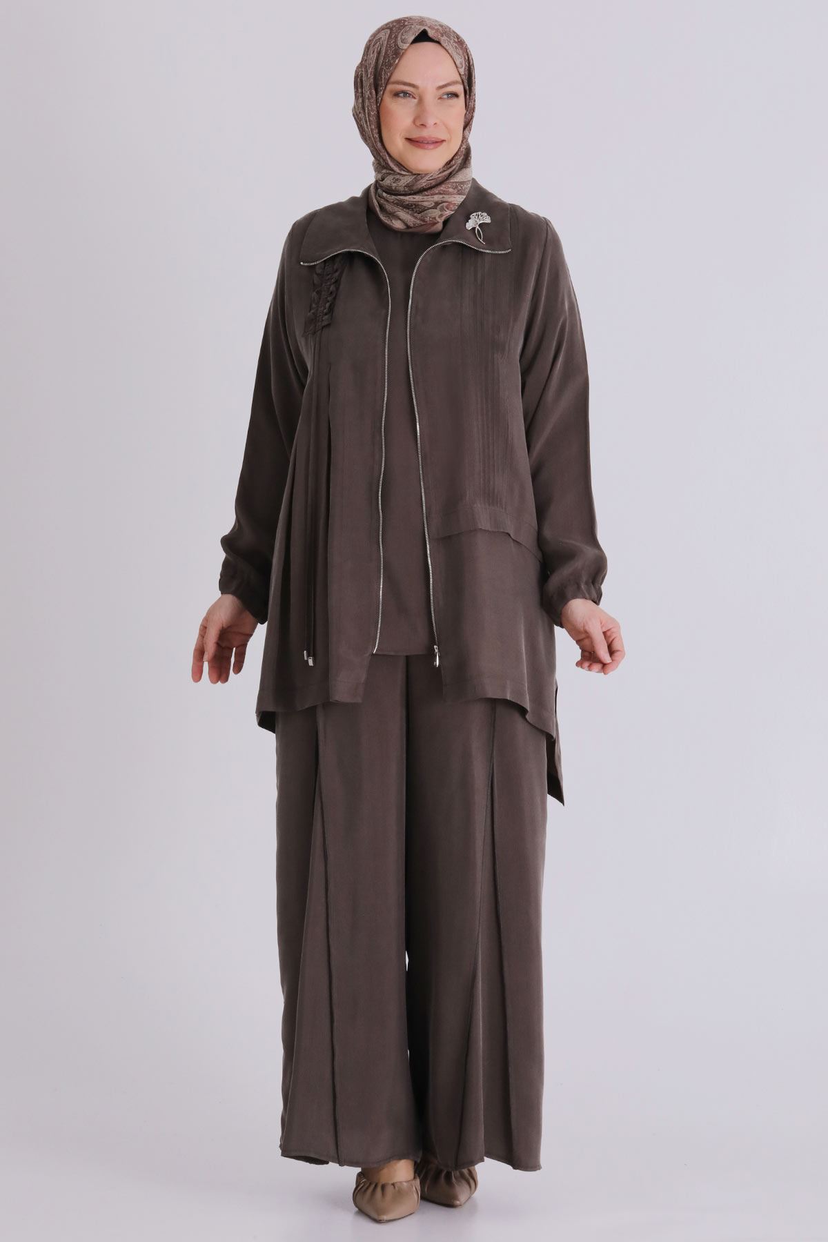 Büyük Beden Tesettür Cupro Üçlü Pantolonlu Takım 70021 Koyu Vizon