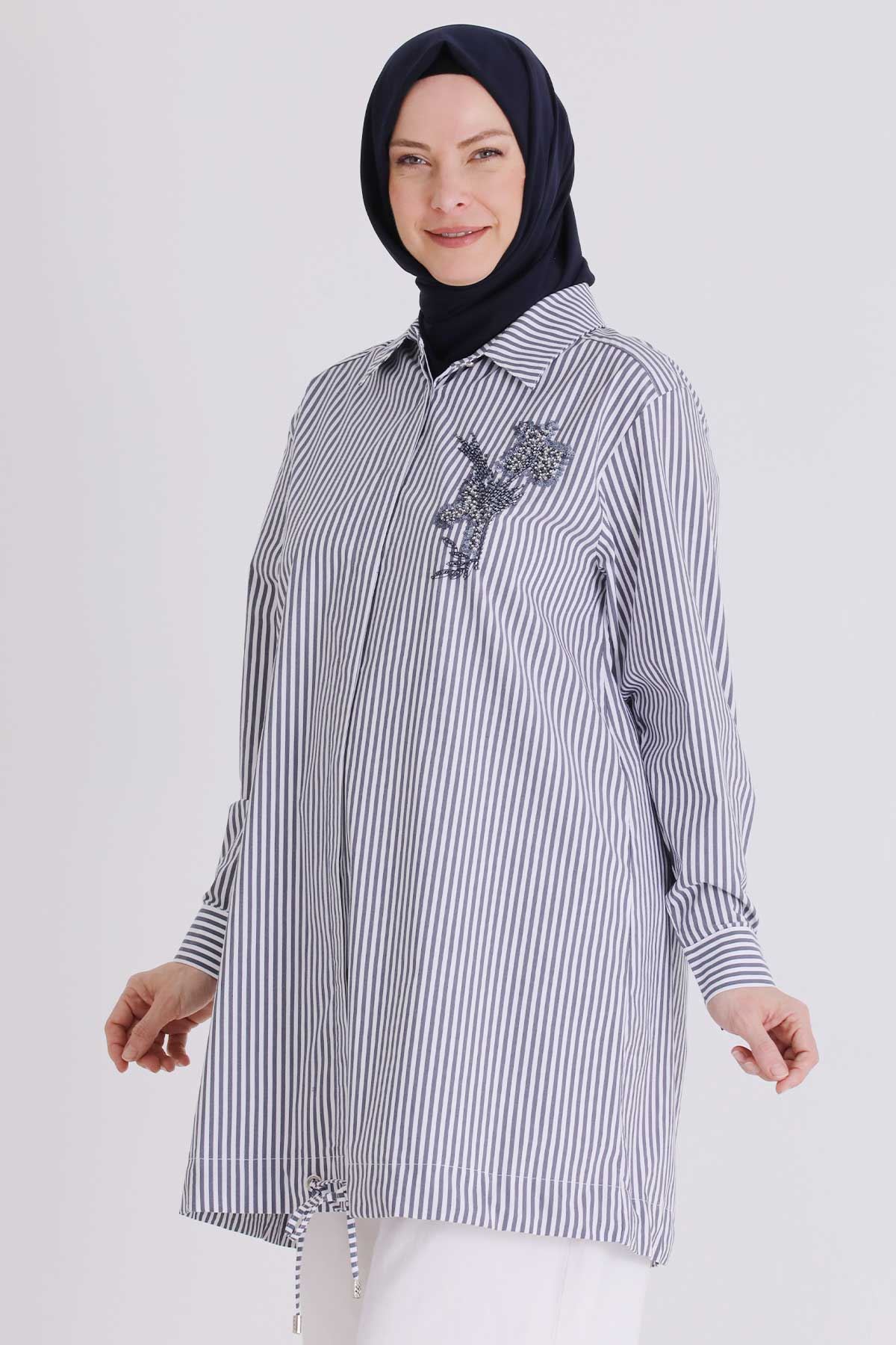 Büyük Beden Tesettür Çizgili Tunik 23036 Lacivert
