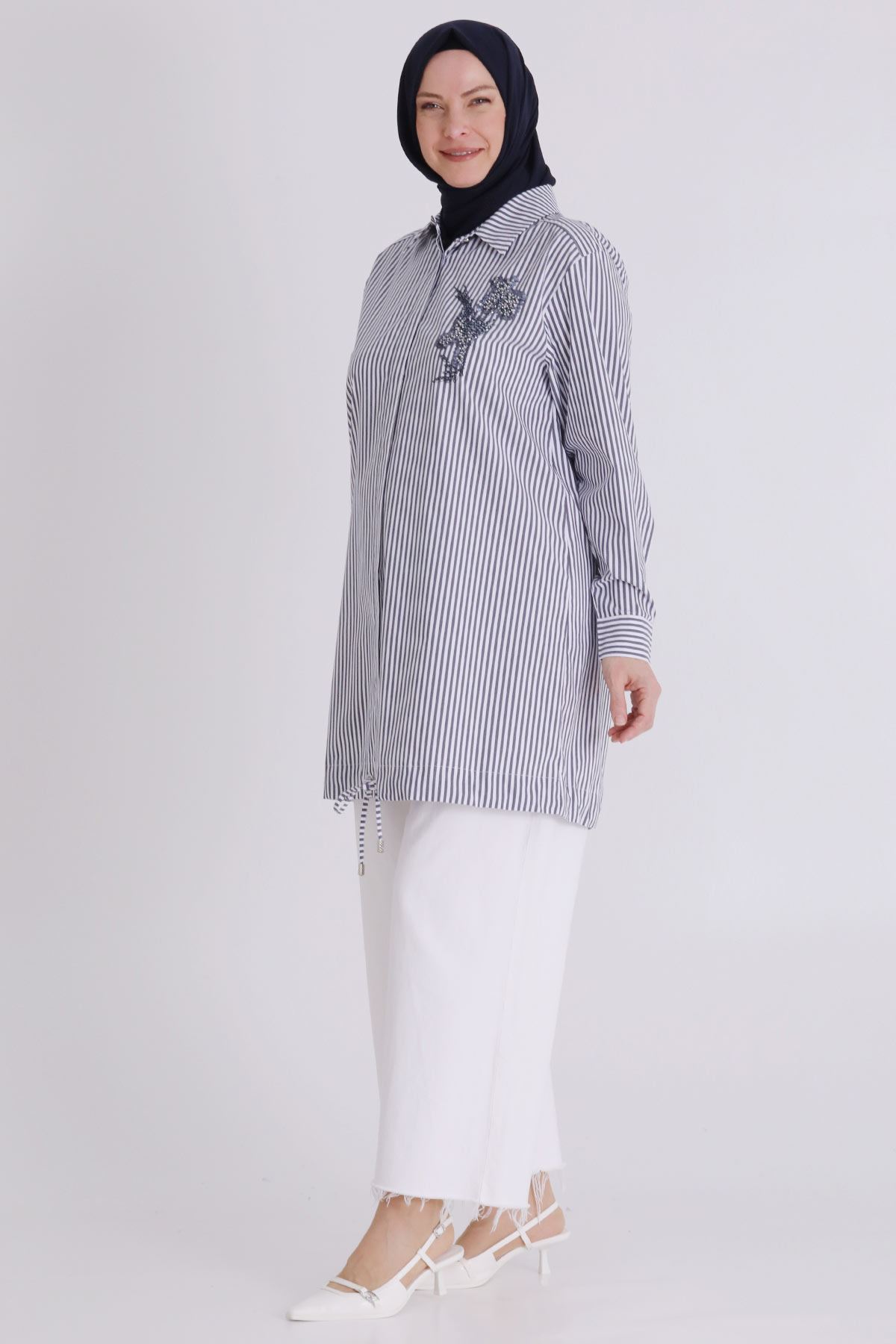 Büyük Beden Tesettür Çizgili Tunik 23036 Lacivert
