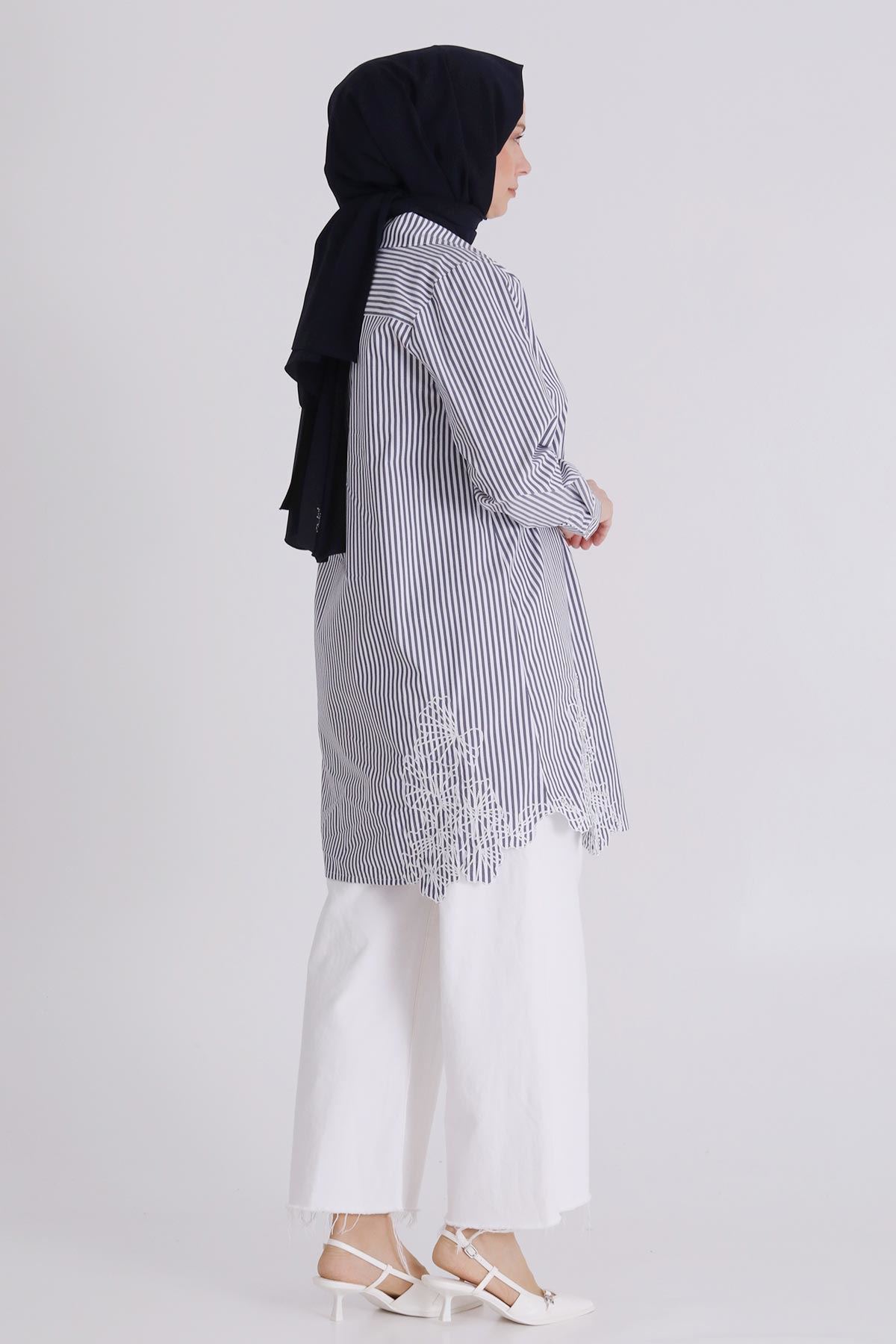 Büyük Beden Tesettür Çizgili Tunik 23037 Lacivert