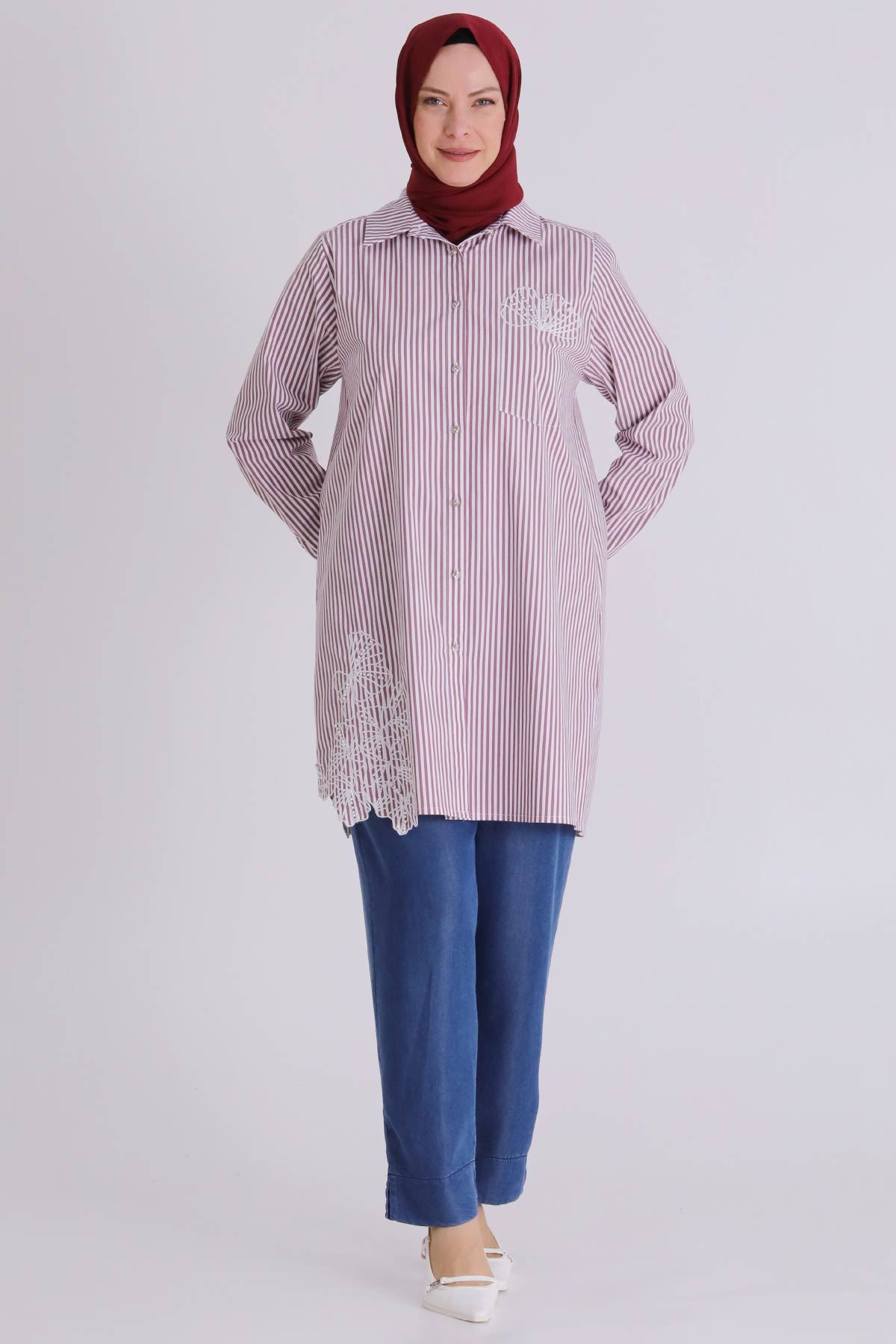 Büyük Beden Tesettür Çizgili Tunik 23037 Bordo