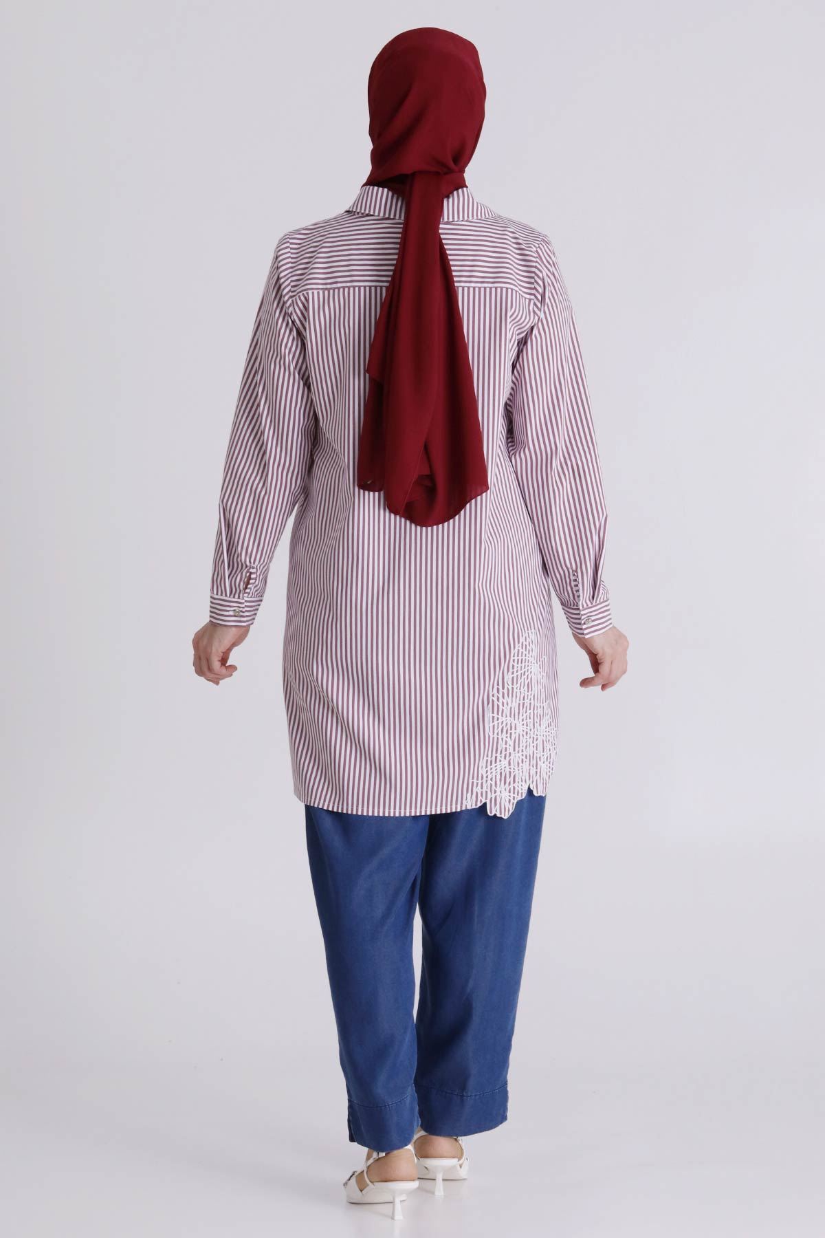 Büyük Beden Tesettür Çizgili Tunik 23037 Bordo