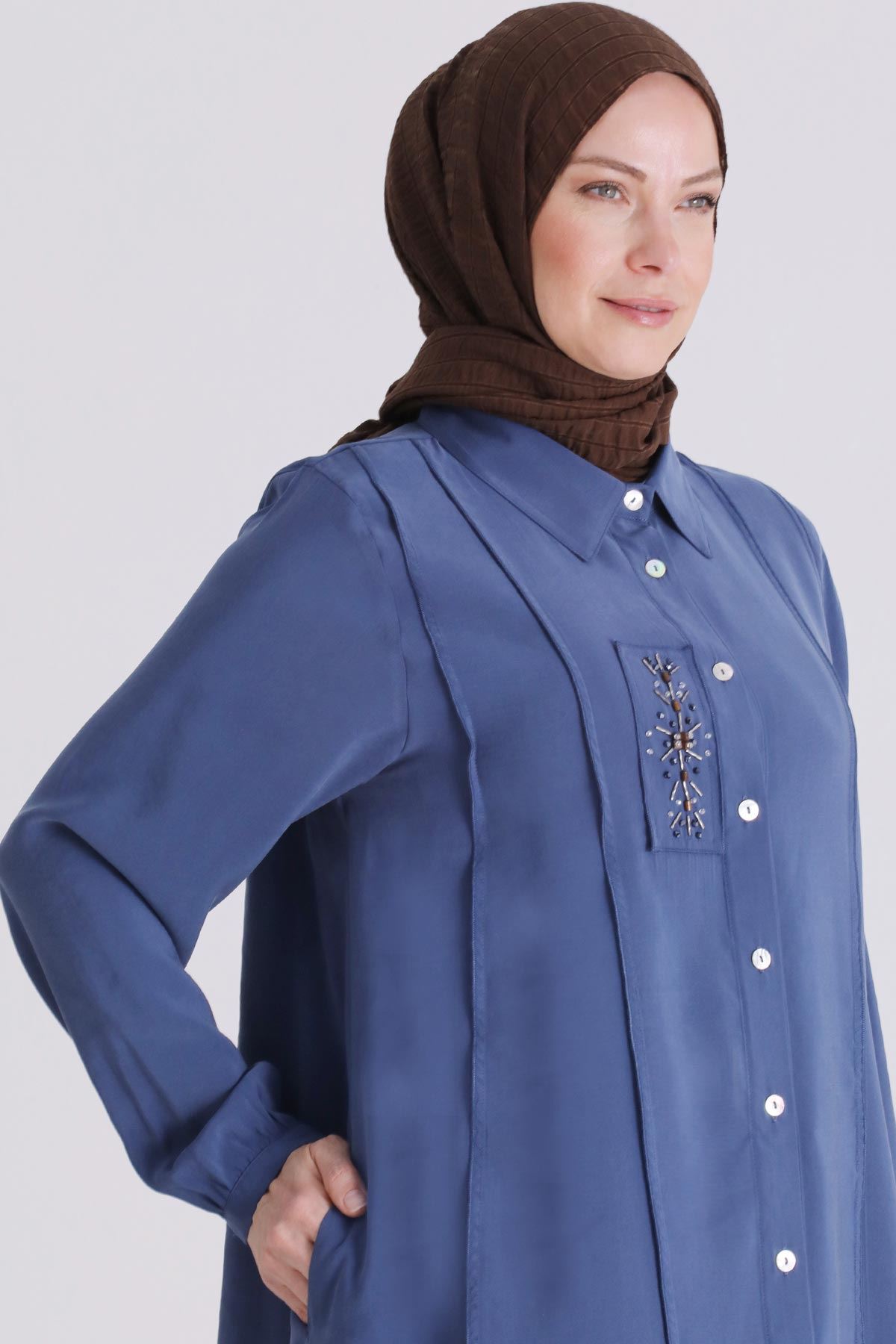 Büyük Beden Tesettür İşlemeli Tunik 2359 İndigo
