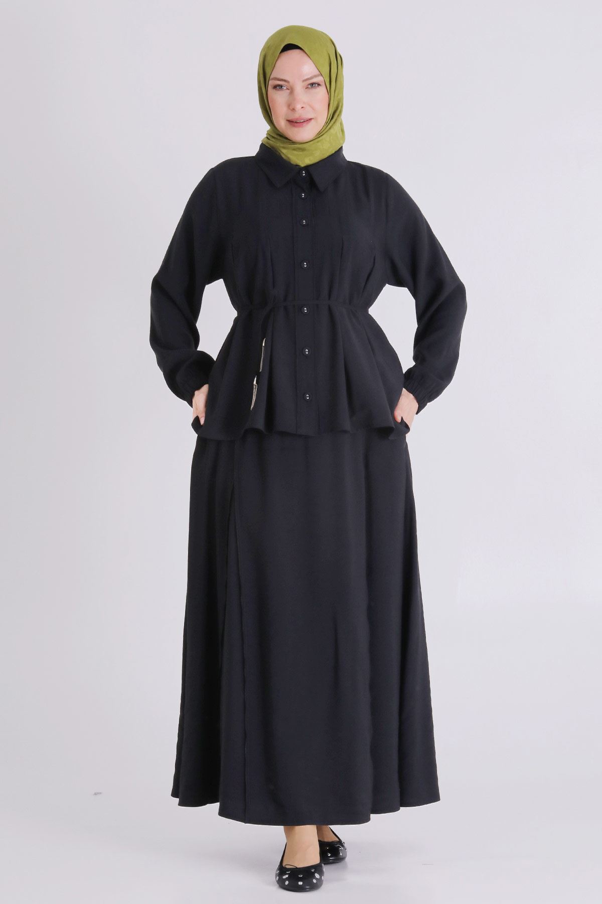 Büyük Beden Tesettür Etekli Takım 3801 Siyah